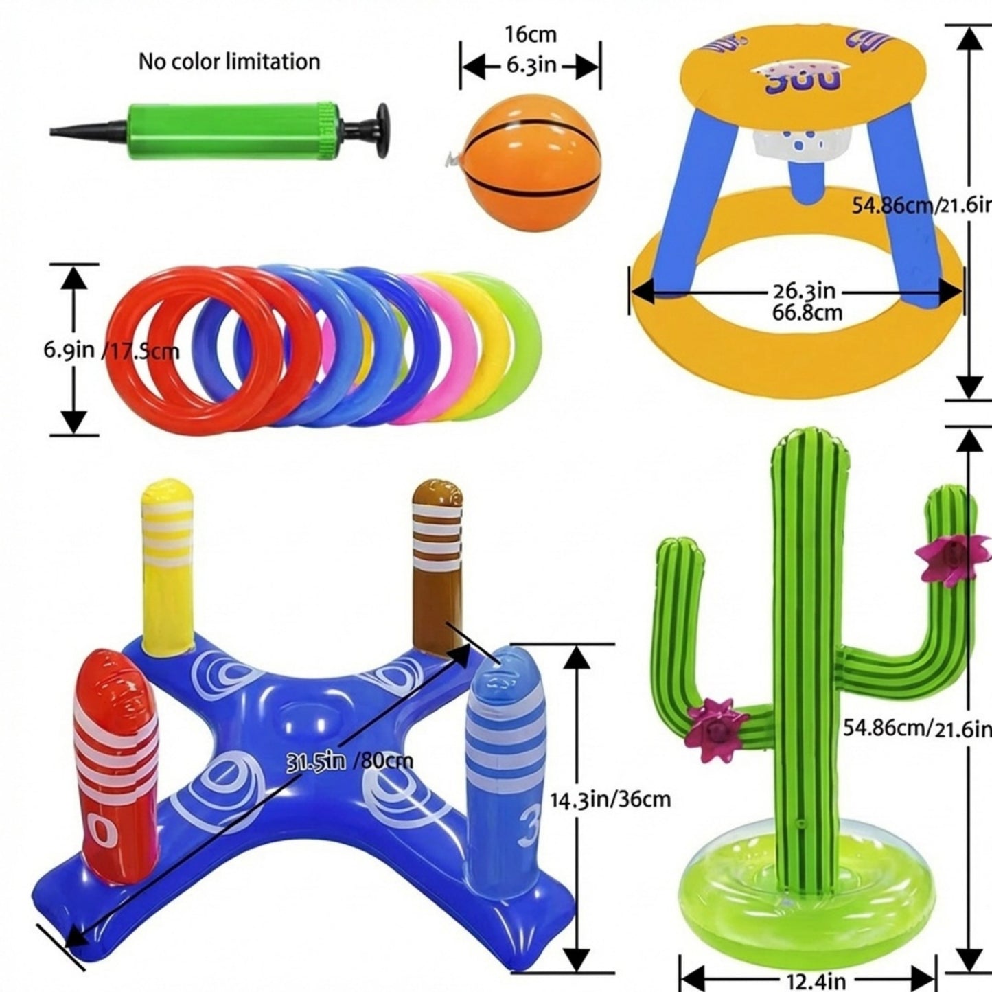 Inflatable Pool Games Set with Basketball Hoop and Ring Toss Water Toy Kit for Pool Parties