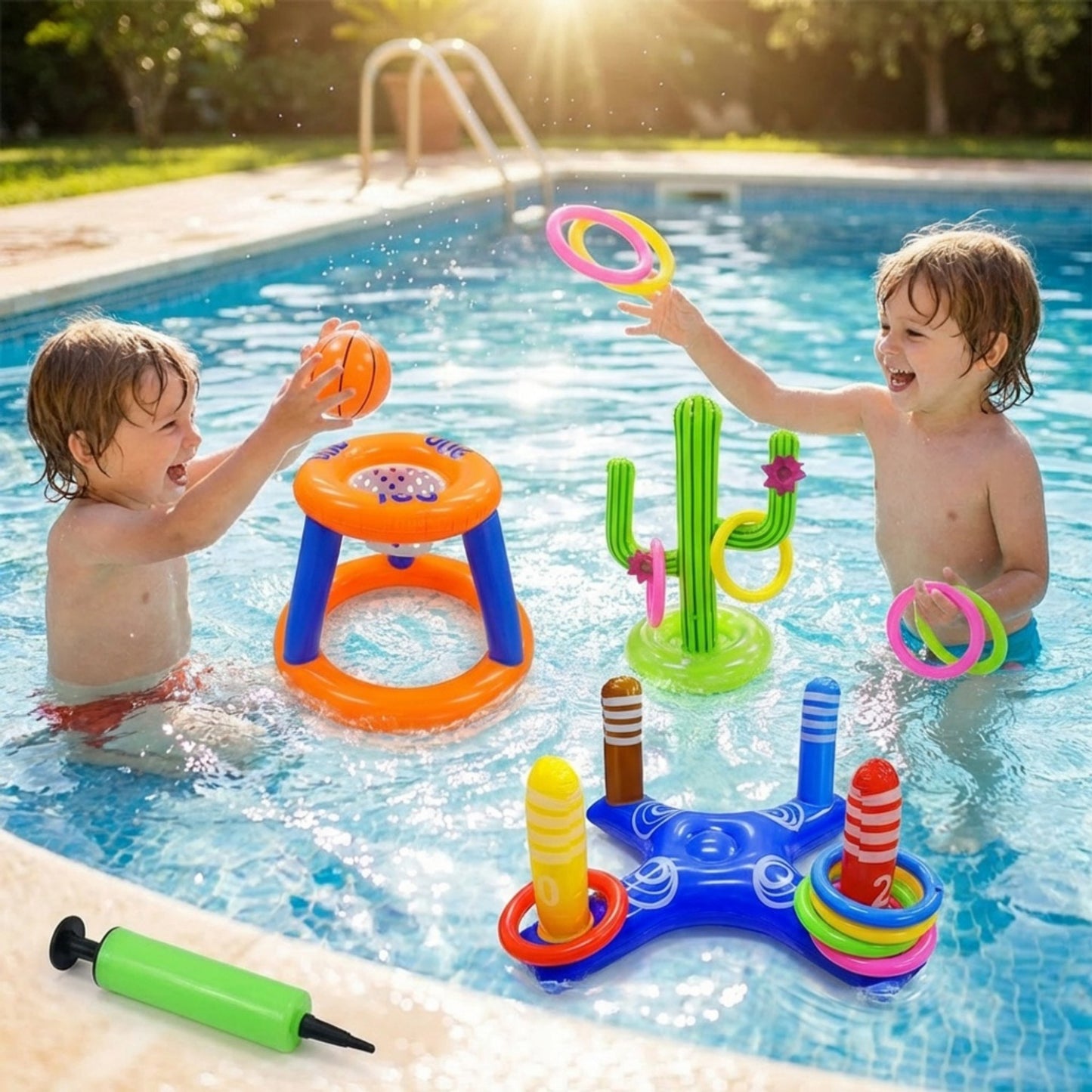 Inflatable Pool Games Set with Basketball Hoop and Ring Toss Water Toy Kit for Pool Parties
