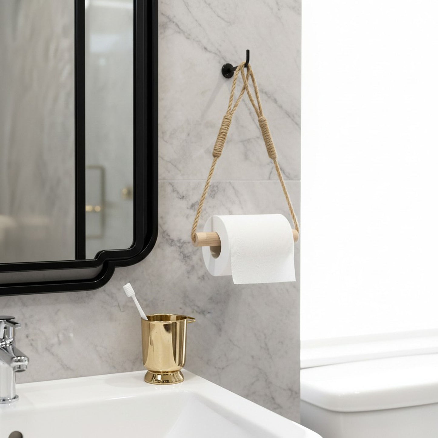 3-piece Wall Mounted Rope Toilet Paper Holder with Wooden Rod