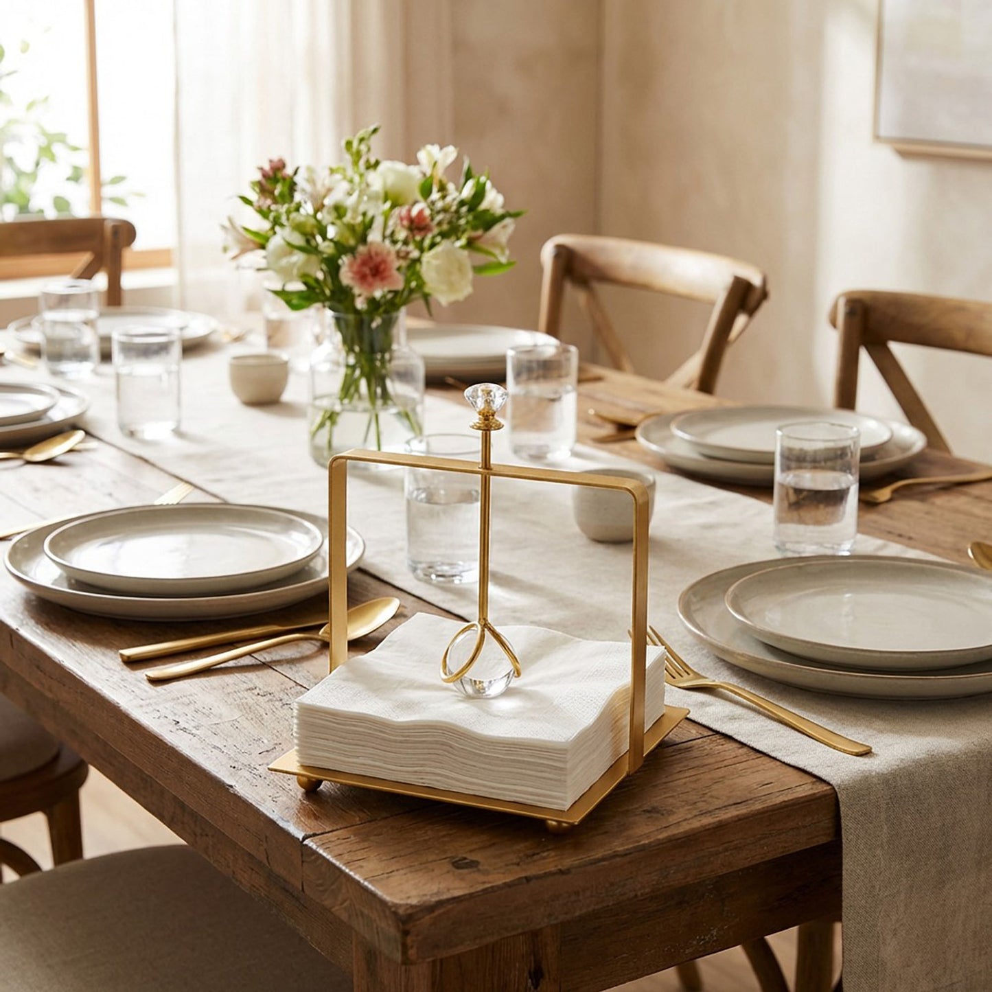 Modern Gold Metal Napkin Holder with Crystal Knob Decorative Tabletop Organizer