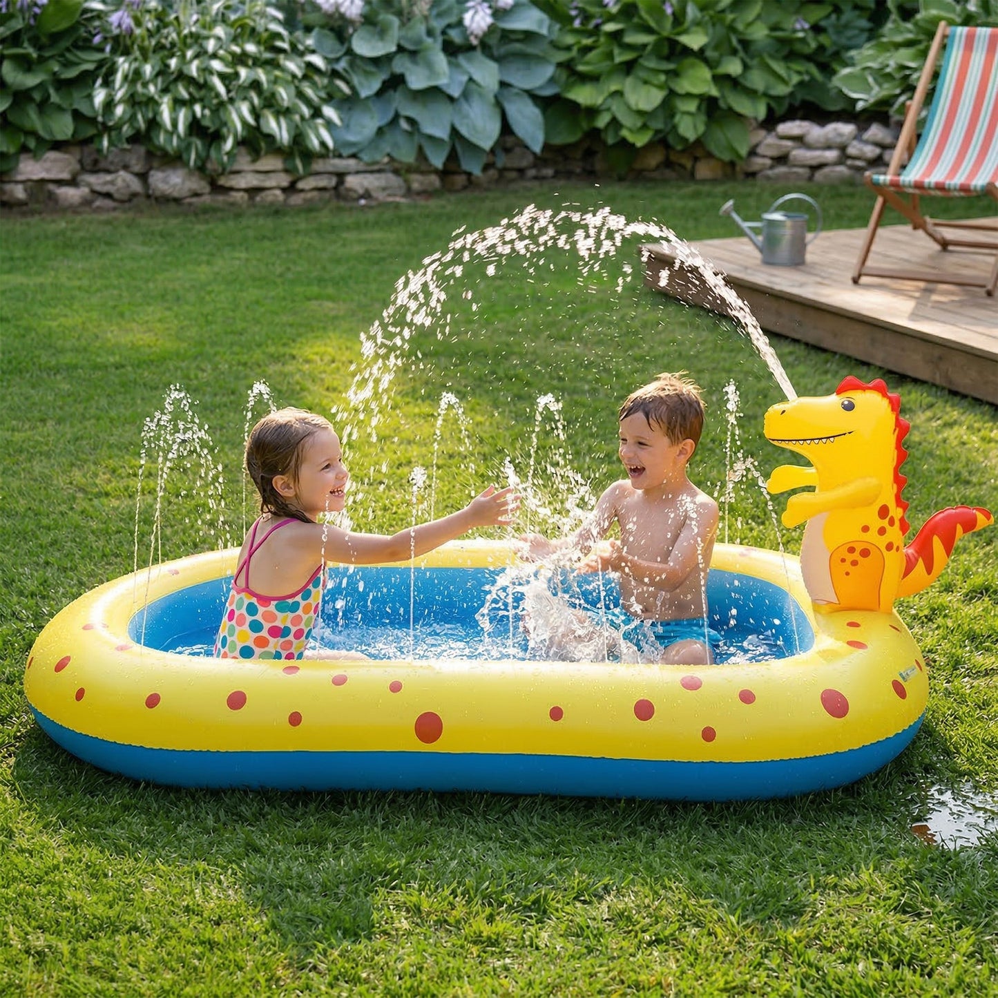 Inflatable Splash Pool with Dinosaur Water Sprayer Backyard Spray Play Pool Outdoor Water Play