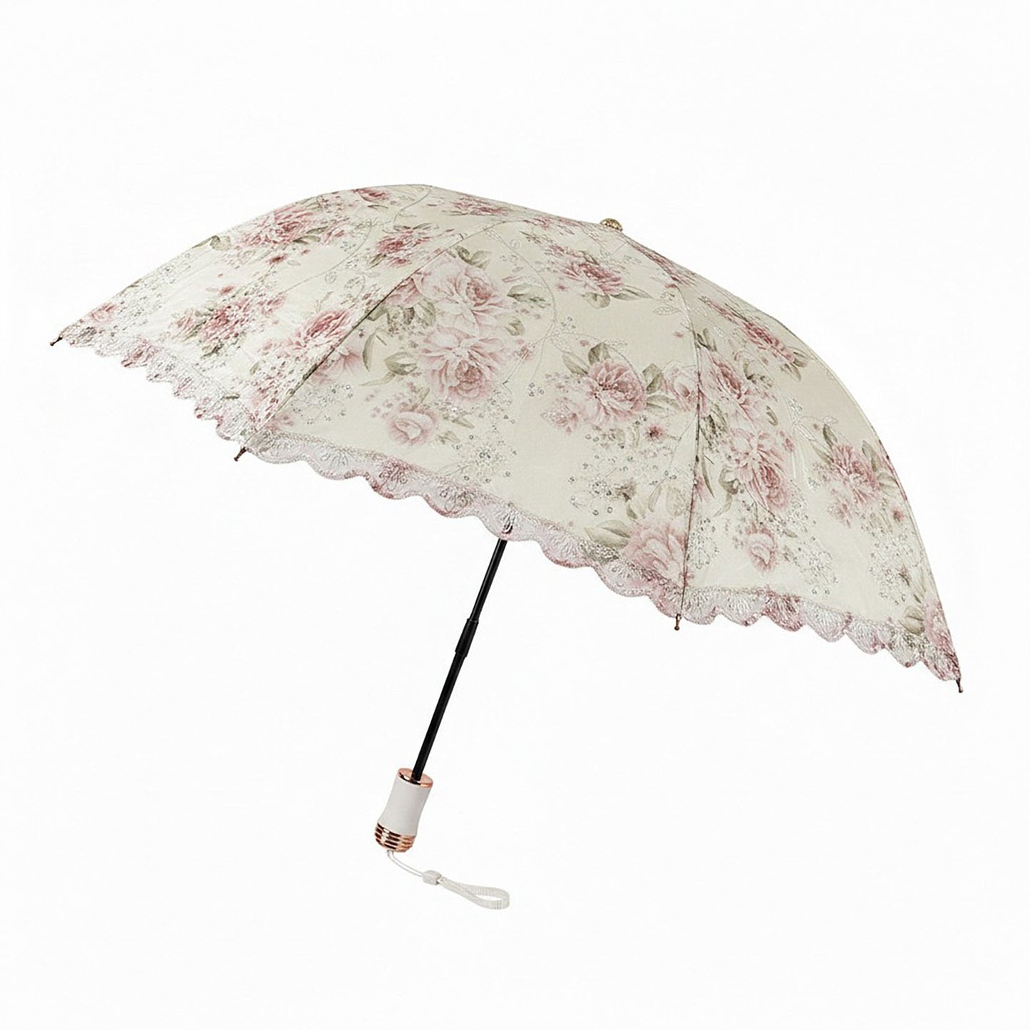 Vintage Floral Lace Trim Umbrella with Scalloped Edge Canopy
