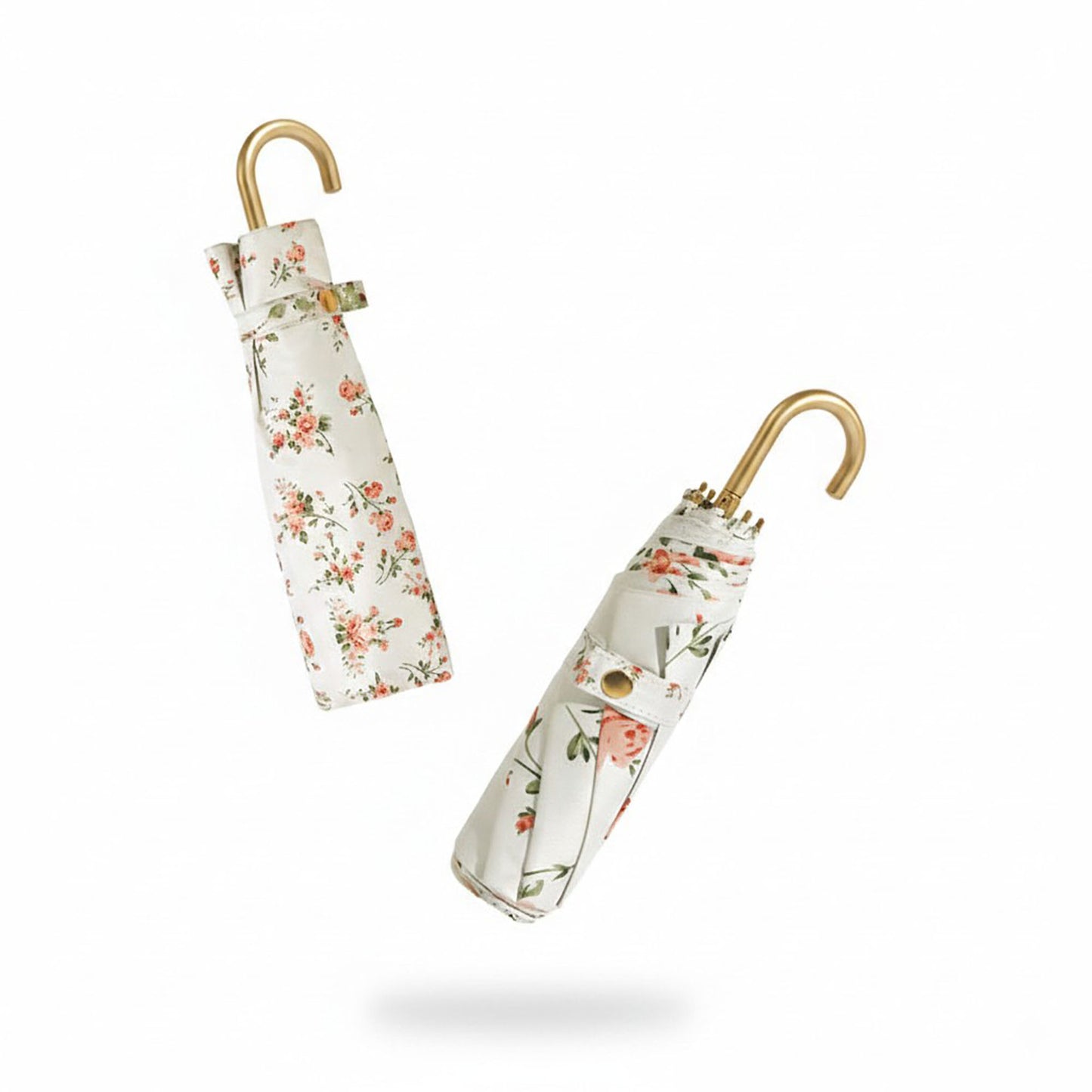 Floral Print Compact Umbrella with Curved Gold Handle