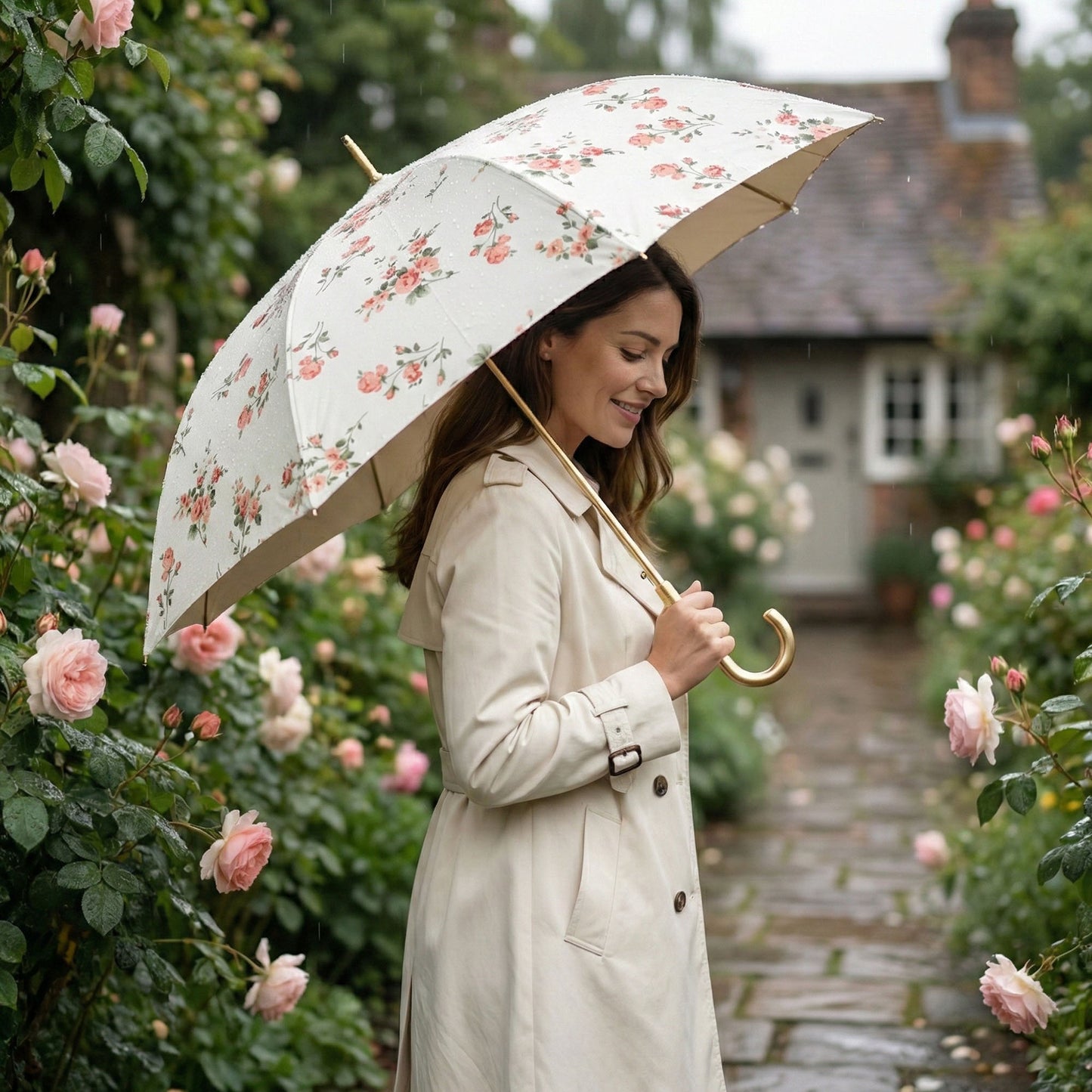 Floral Print Compact Umbrella with Curved Gold Handle