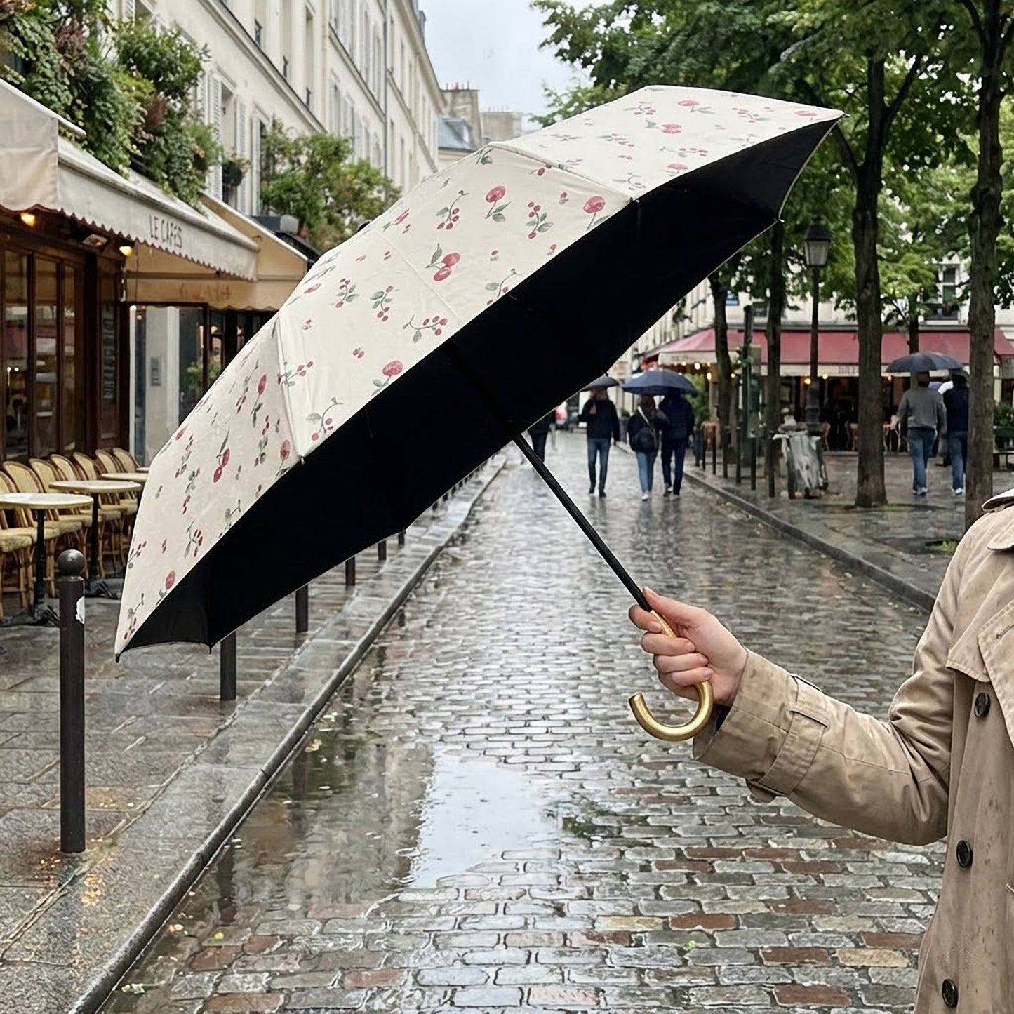 Cherry Print Compact Foldable Umbrella with Full Coverage Canopy