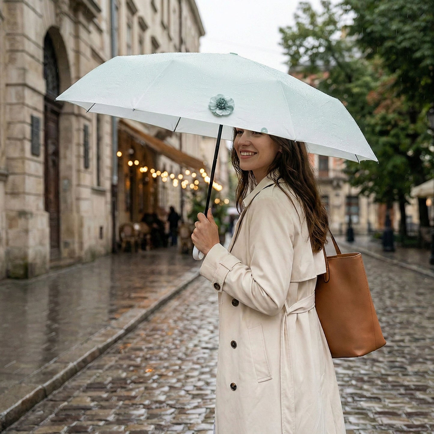 Gradient-Colored Umbrella with Floral Accent and Curved Handle