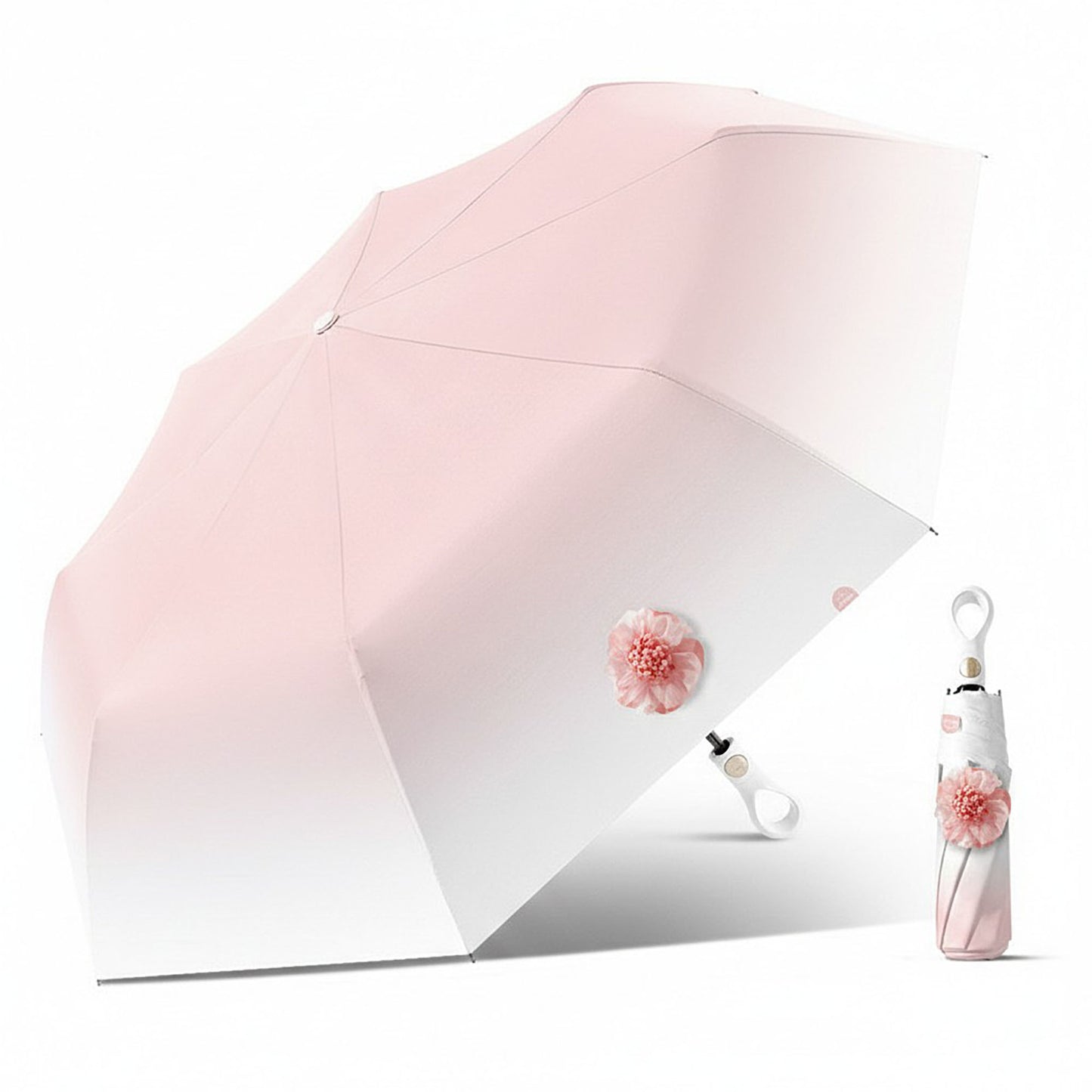 Gradient-Colored Umbrella with Floral Accent and Curved Handle