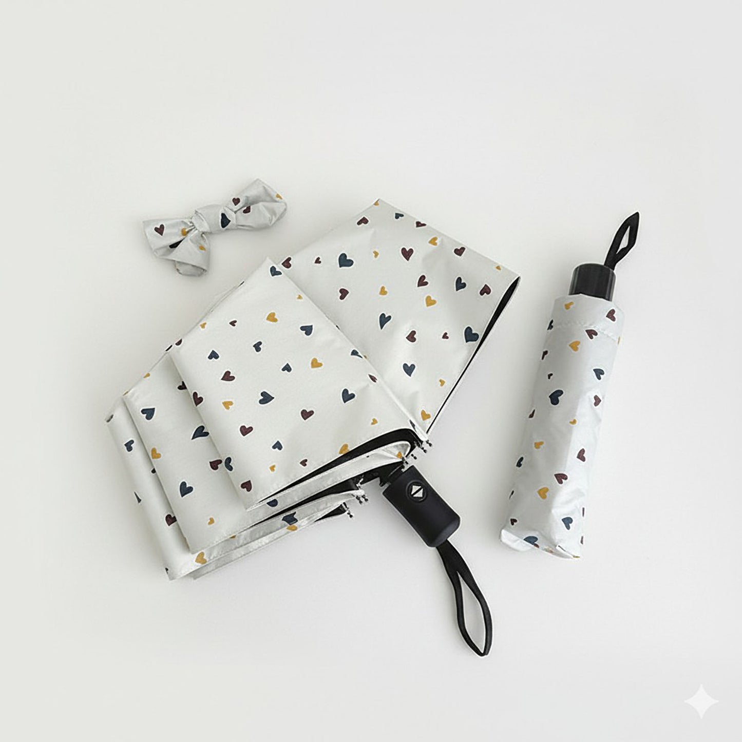Compact Heart Print Folding Umbrella with Wrist Strap Handle