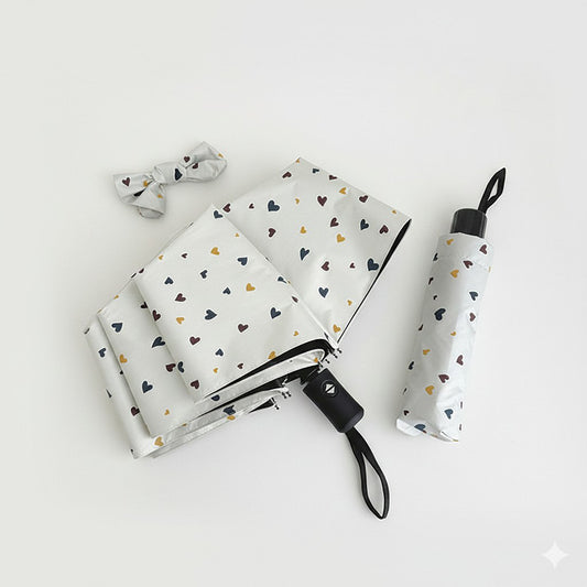 Compact Heart Print Folding Umbrella with Wrist Strap Handle