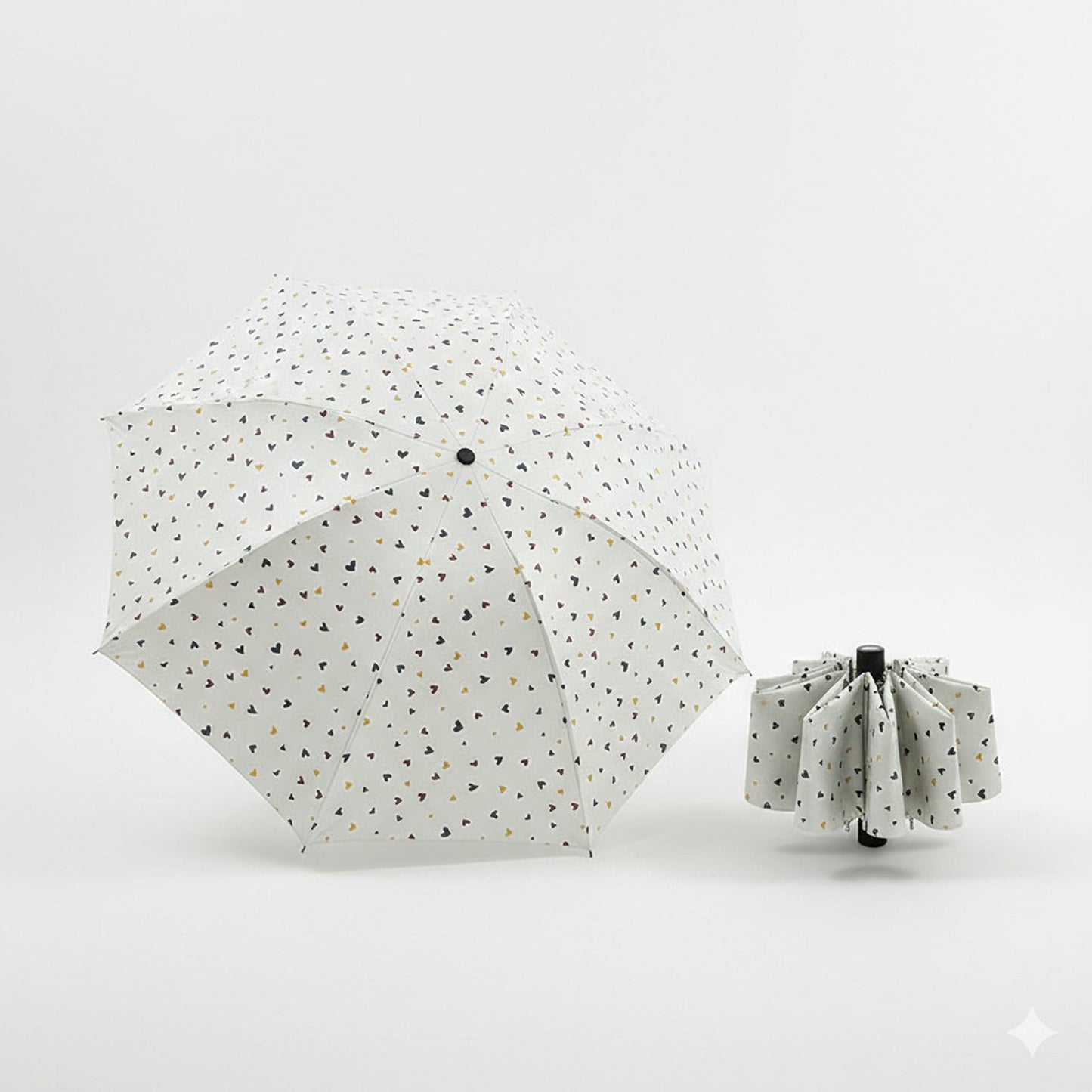 Compact Heart Print Folding Umbrella with Wrist Strap Handle