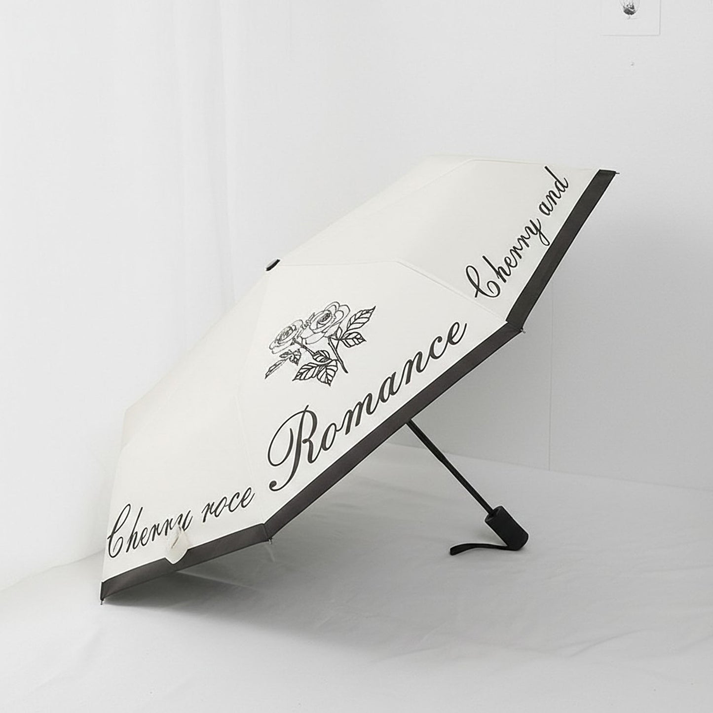 Romance Script Print Umbrella with Rose Graphic and Contrast Trim