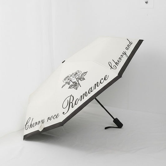 Romance Script Print Umbrella with Rose Graphic and Contrast Trim