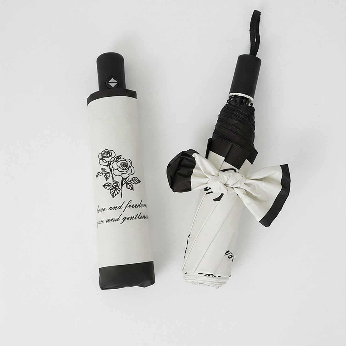 Romance Script Print Umbrella with Rose Graphic and Contrast Trim