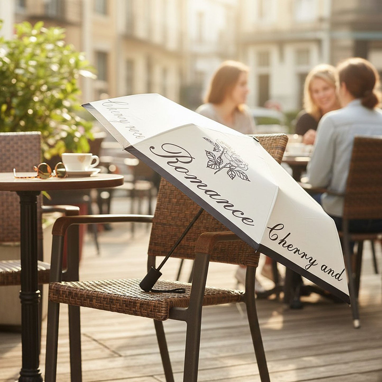 Romance Script Print Umbrella with Rose Graphic and Contrast Trim