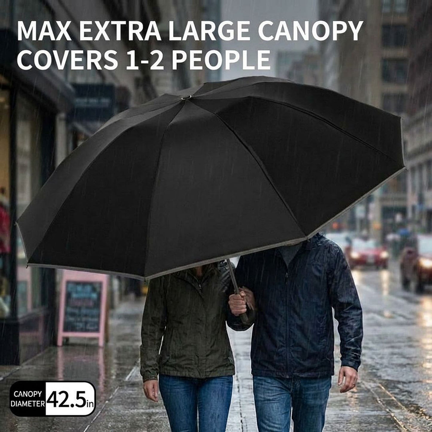 Compact Folding Umbrella with Two Tone Canopy Wind Resistant Frame and Automatic Open Handle
