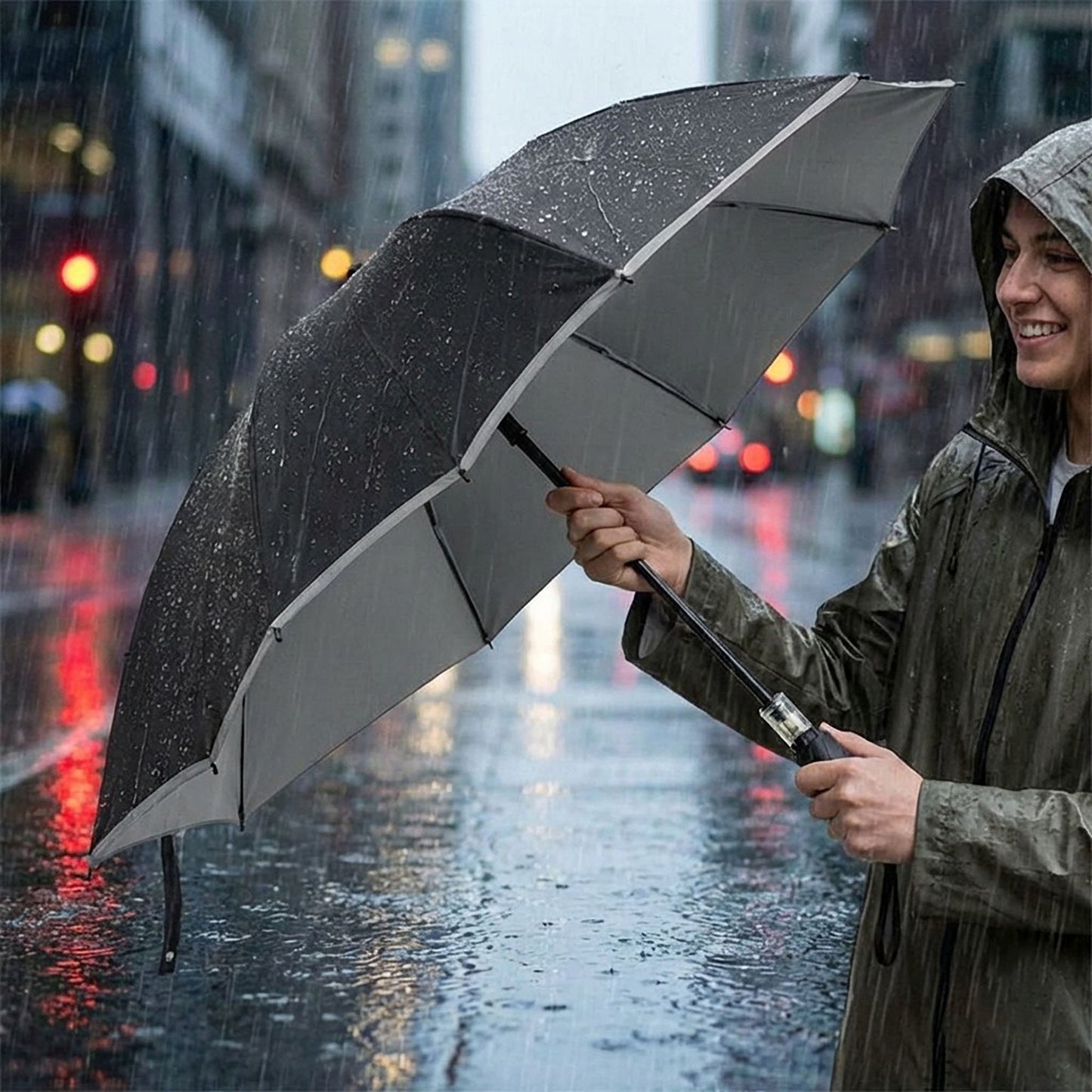 Compact Folding Umbrella with Two Tone Canopy Wind Resistant Frame and Automatic Open Handle