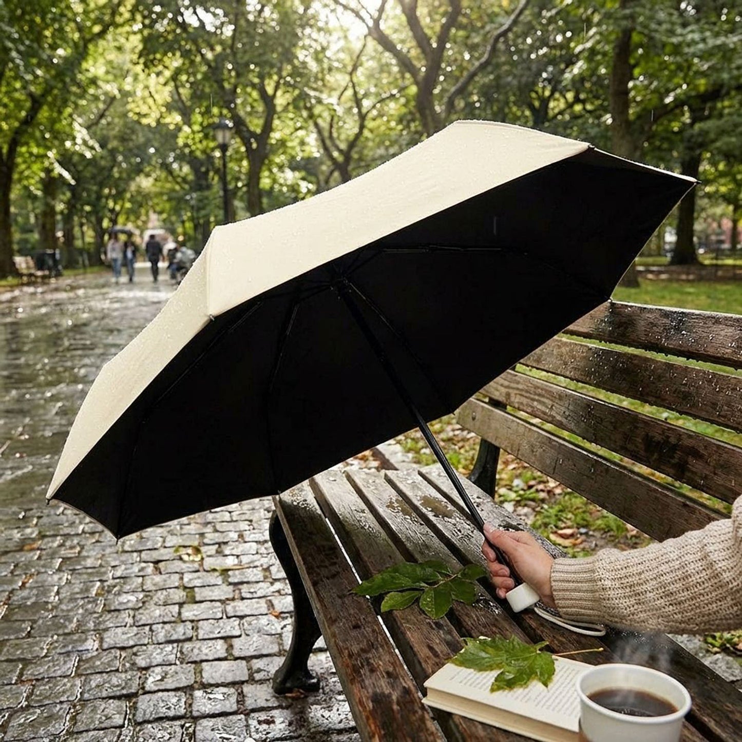 Compact Folding Umbrella with Solid Canopy Wind Resistant Frame Automatic Open and Wrist Strap