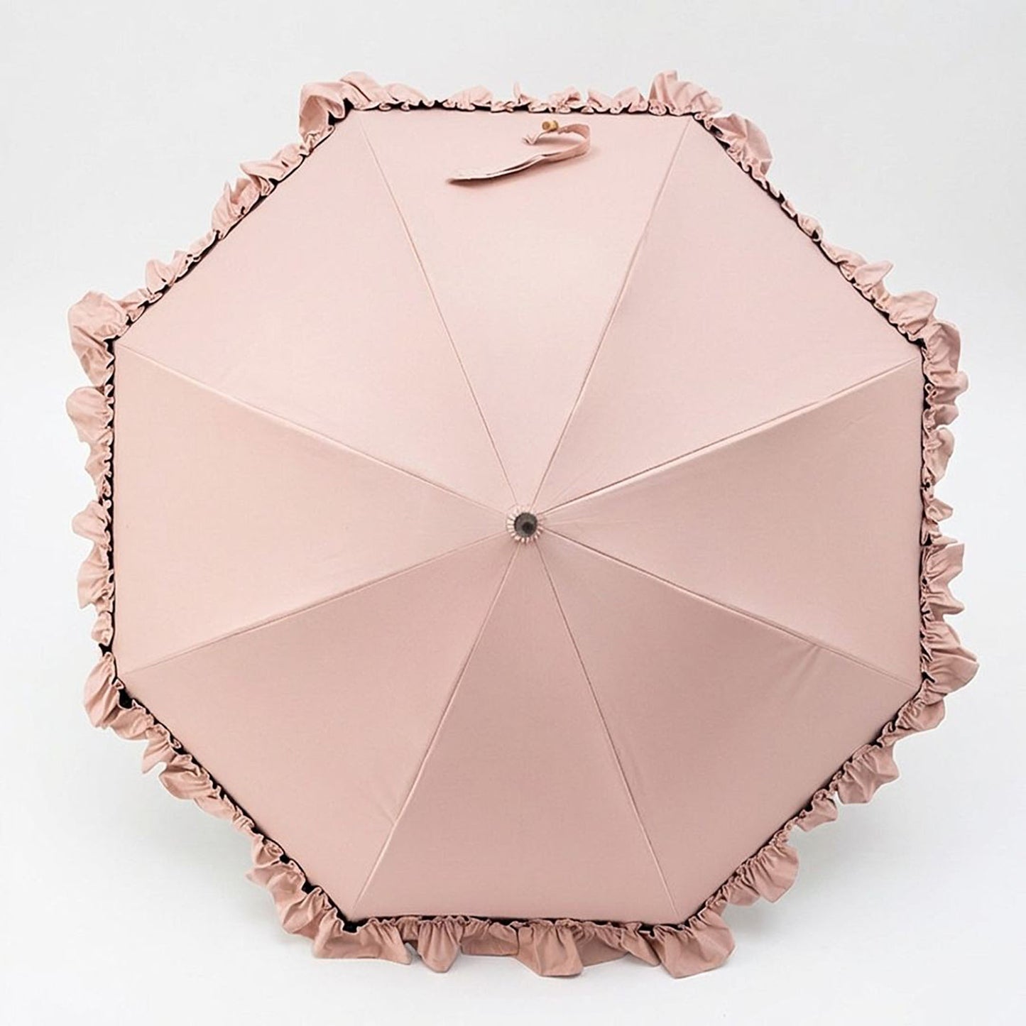 Dome Umbrella with Ruffle Trim Canopy Bamboo Style Handle and Wind Resistant Frame