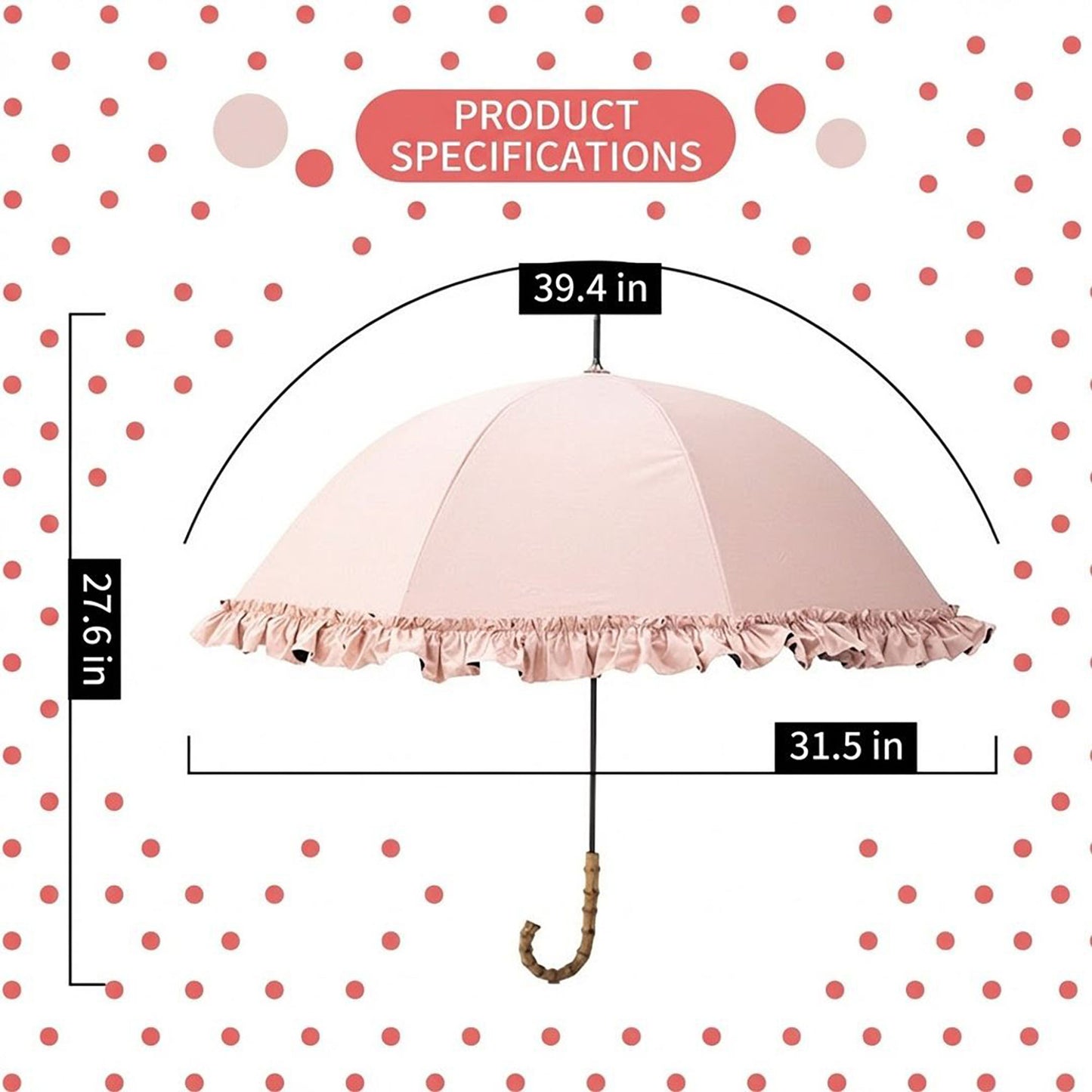 Dome Umbrella with Ruffle Trim Canopy Bamboo Style Handle and Wind Resistant Frame