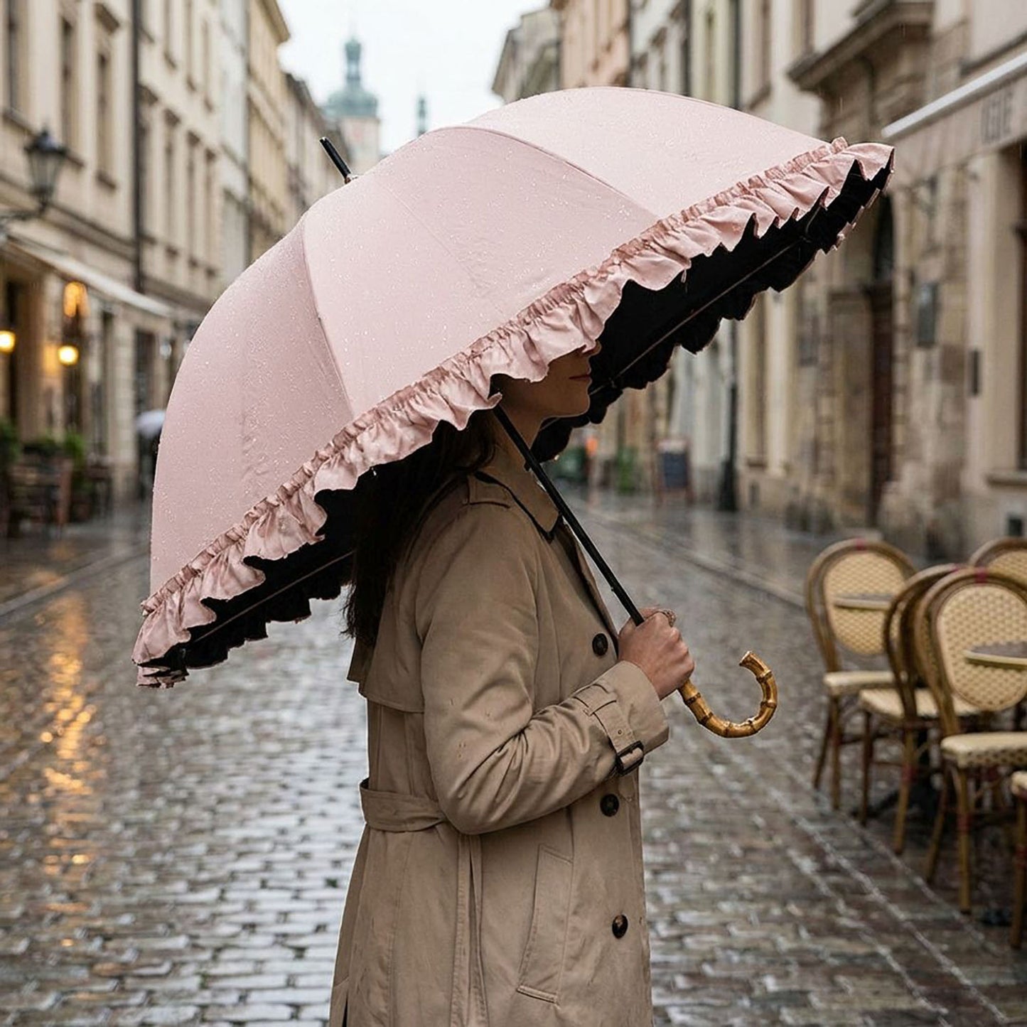 Dome Umbrella with Ruffle Trim Canopy Bamboo Style Handle and Wind Resistant Frame