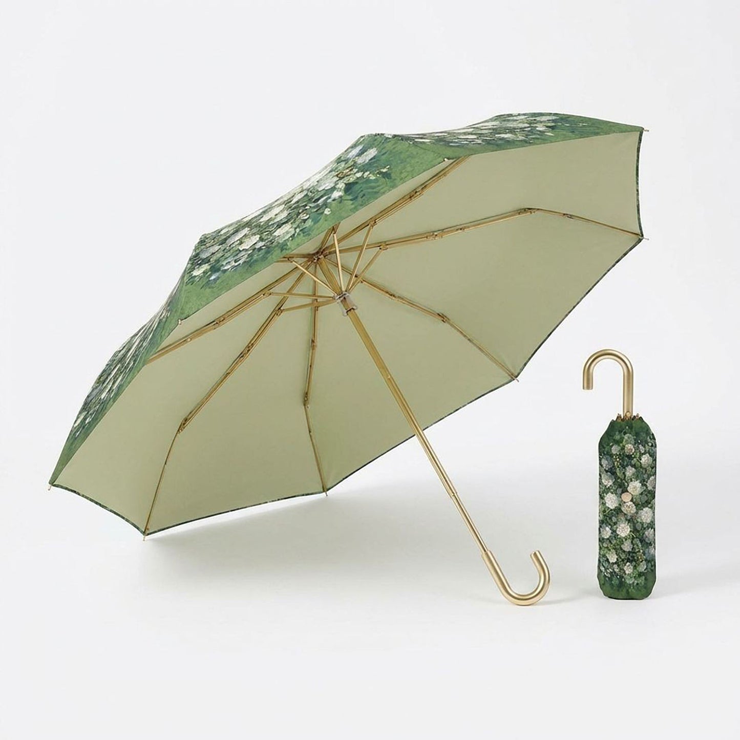 Floral Print Folding Umbrella with Gold Tone Frame Curved Handle and Matching Sleeve