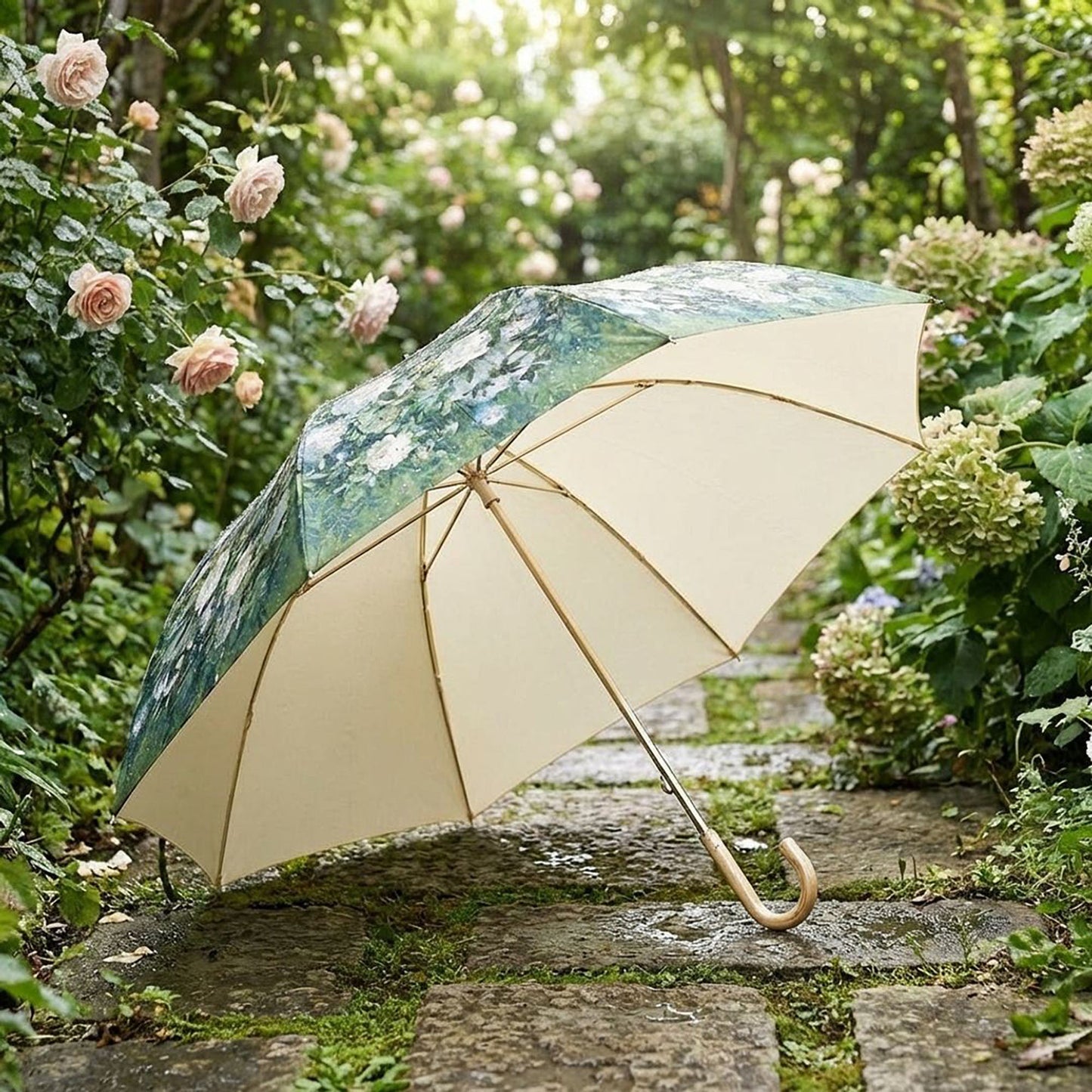Floral Print Folding Umbrella with Gold Tone Frame Curved Handle and Matching Sleeve