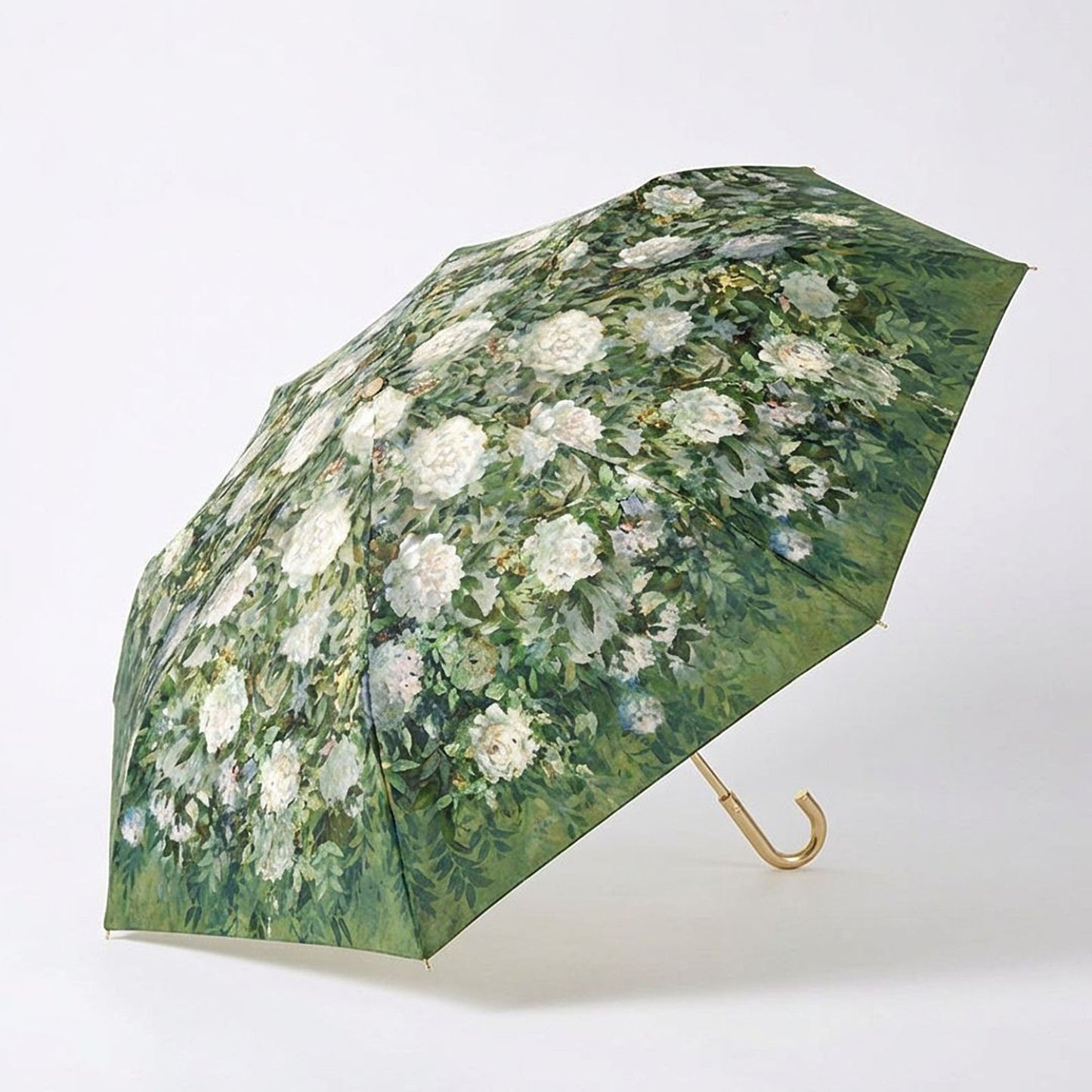Floral Print Folding Umbrella with Gold Tone Frame Curved Handle and Matching Sleeve