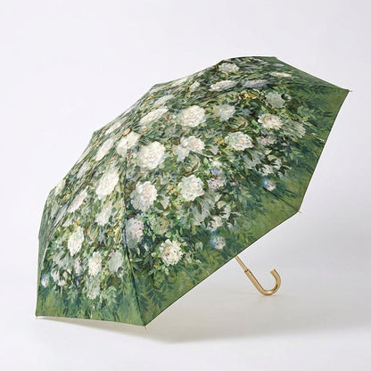 Floral Print Folding Umbrella with Gold Tone Frame Curved Handle and Matching Sleeve