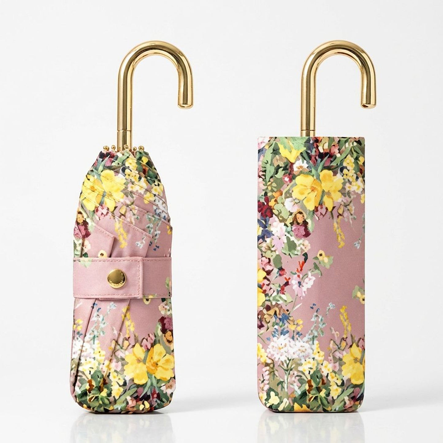 Floral Print Folding Umbrella with Gold Tone Frame Curved Handle and Matching Sleeve