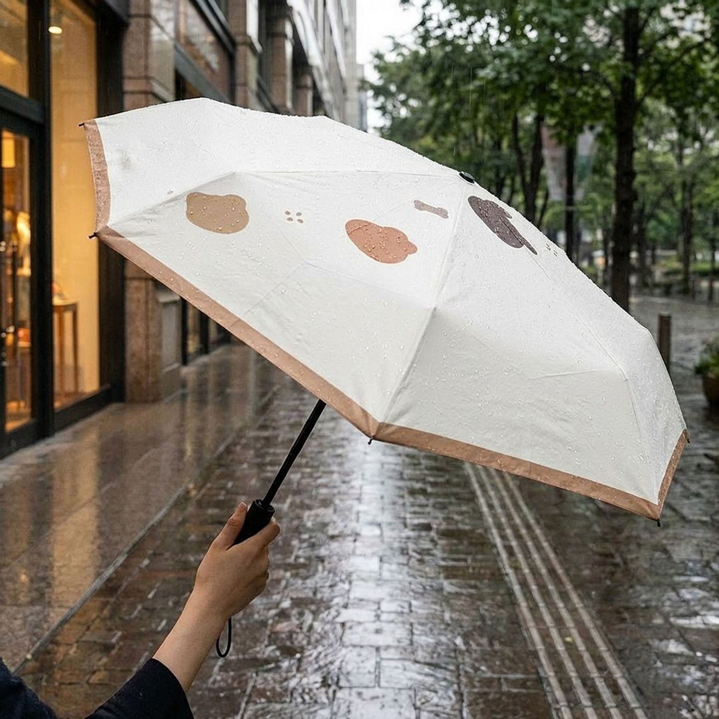 Bear Print Compact Folding Umbrella with Automatic Open Wind Resistant Frame and Wrist Strap