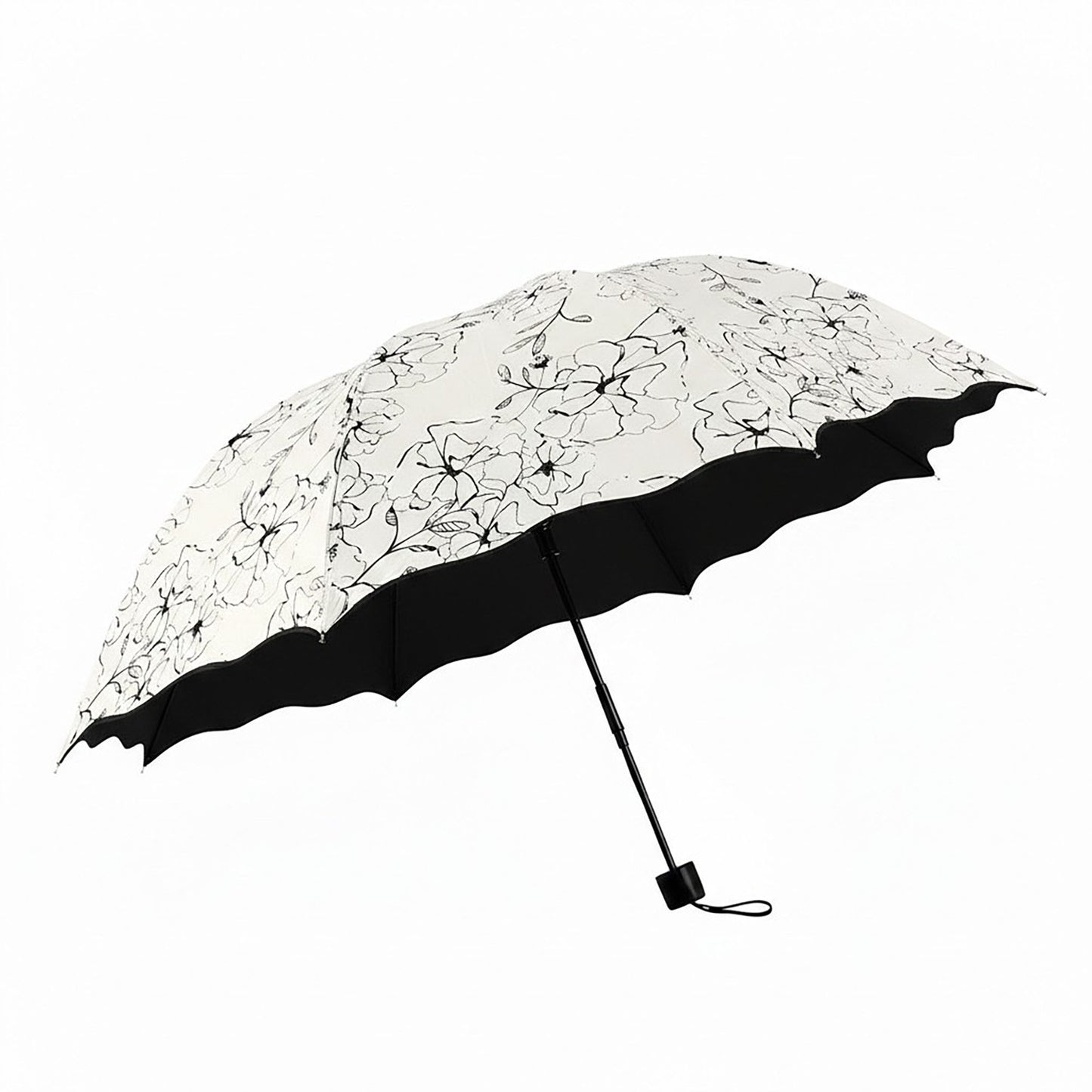 Floral Print Compact Umbrella with Scalloped Trim Canopy Automatic Open and Wind Resistant Frame