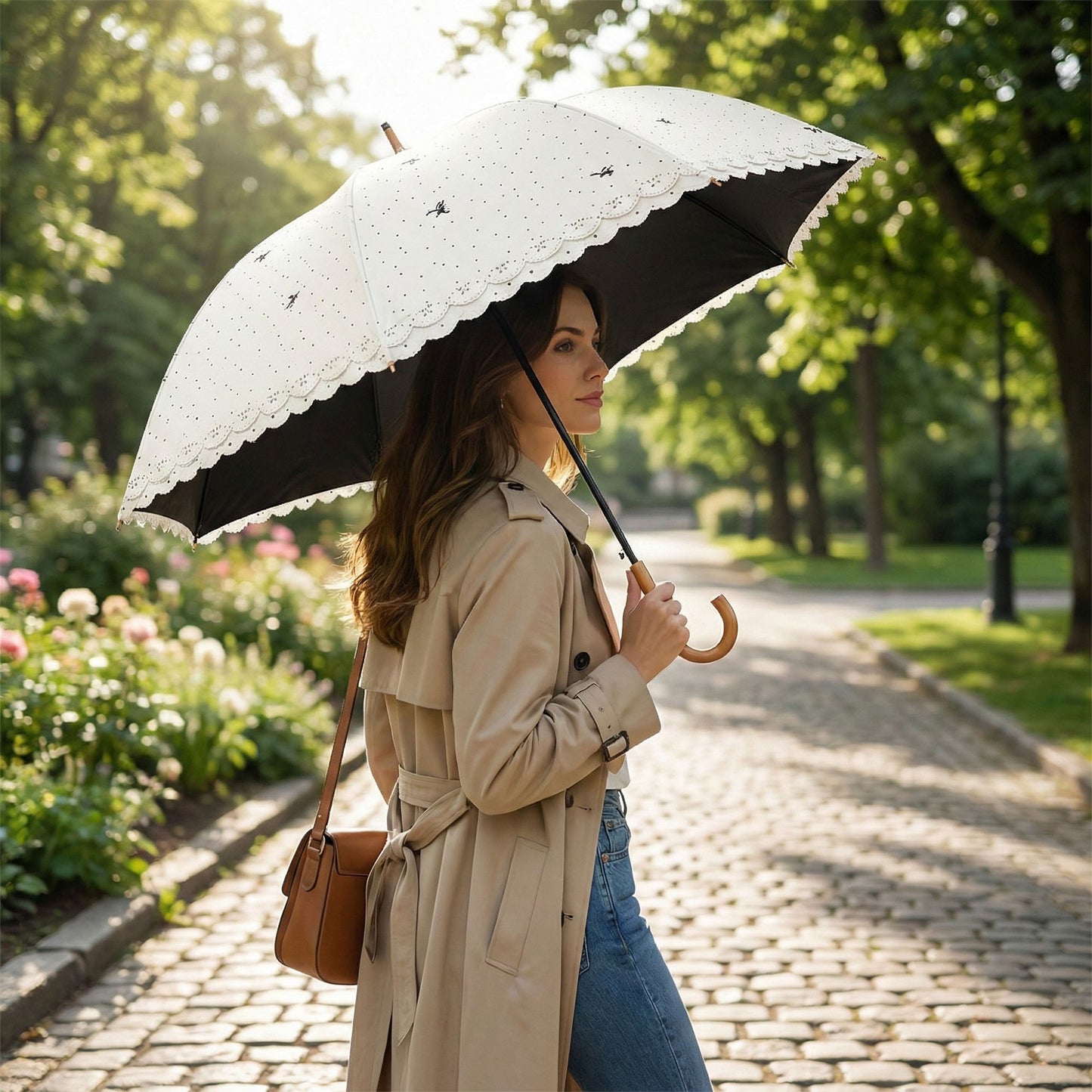 Floral Print Compact Umbrella with Scalloped Edge Canopy Automatic Open and Wind Resistant Frame