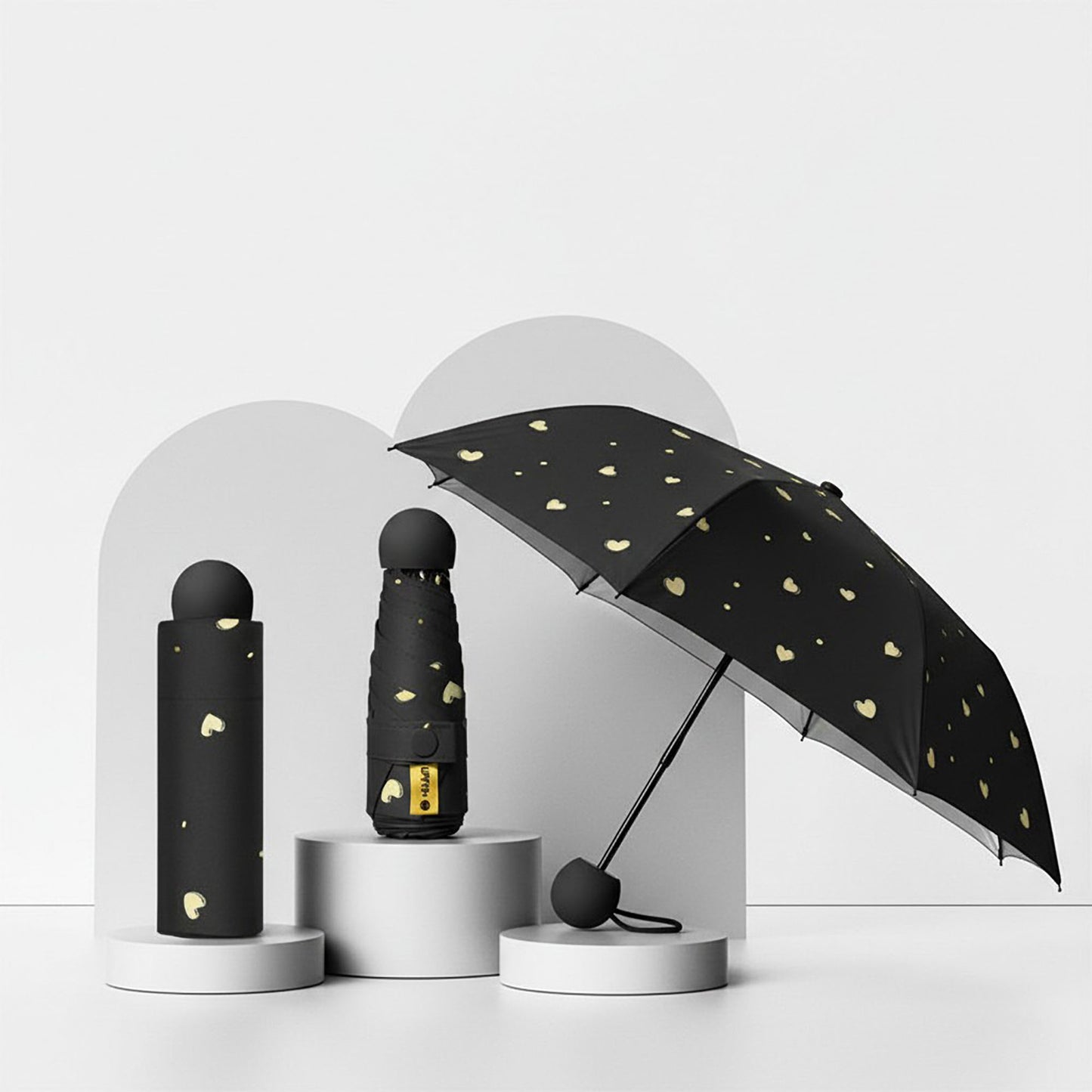Heart Print Compact Folding Umbrella with Automatic Open Wind Resistant Frame and Wrist Strap