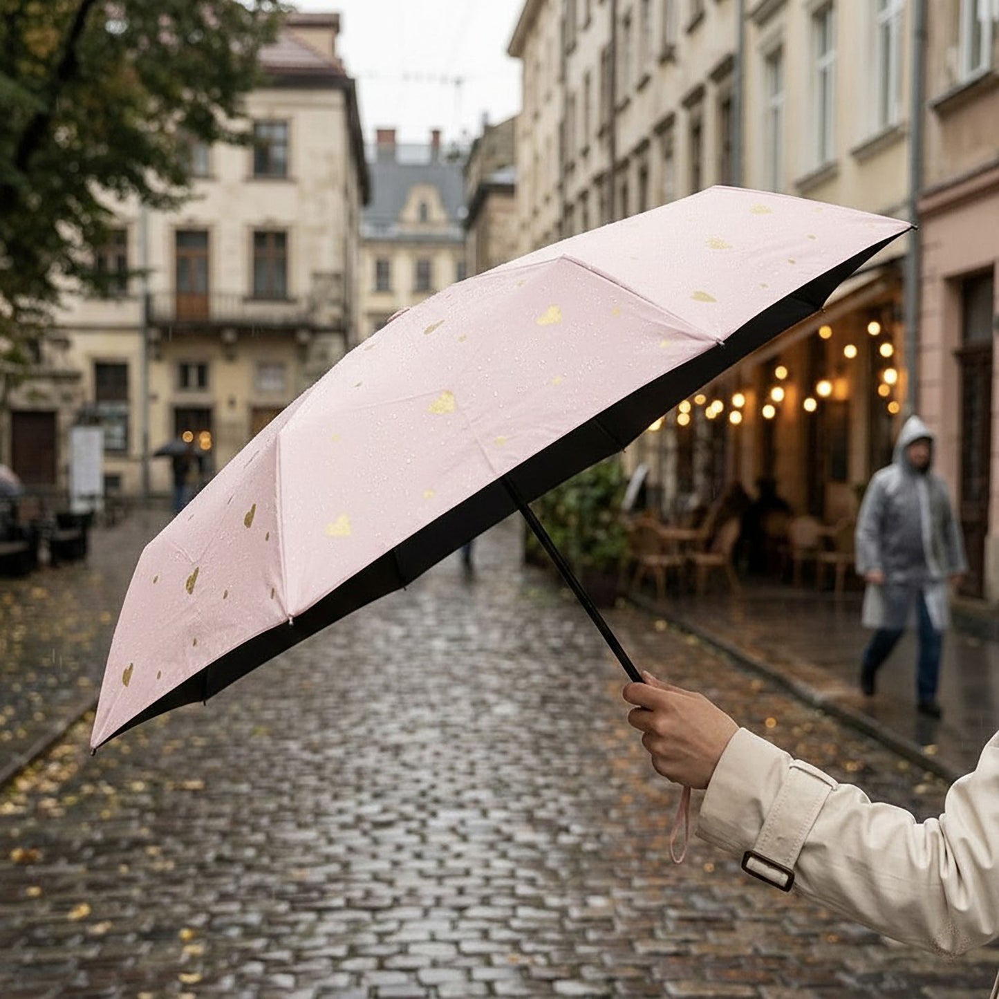 Heart Print Compact Folding Umbrella with Automatic Open Wind Resistant Frame and Wrist Strap