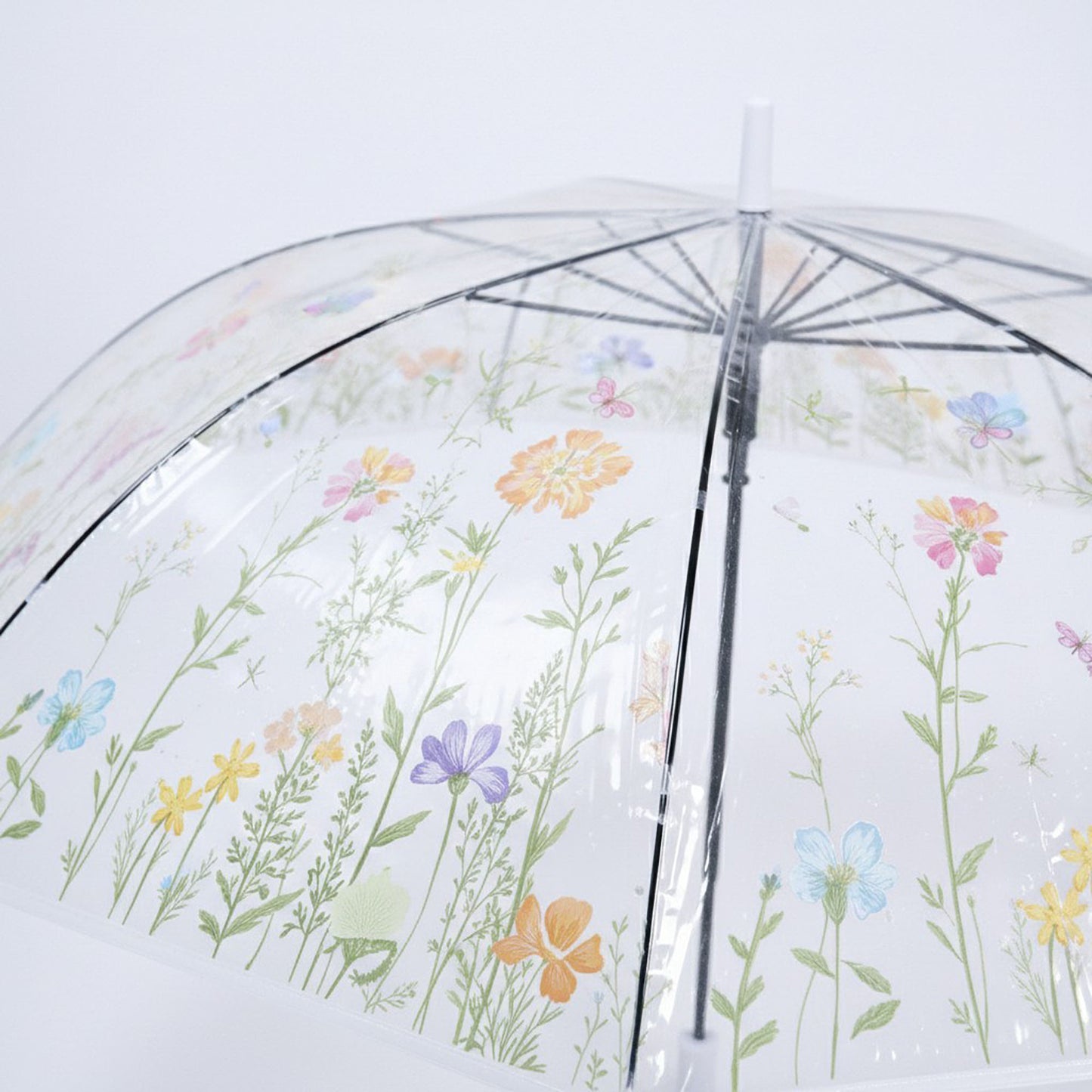 Clear Dome Umbrella with Floral Print Canopy Wind Resistant Frame and Curved Handle