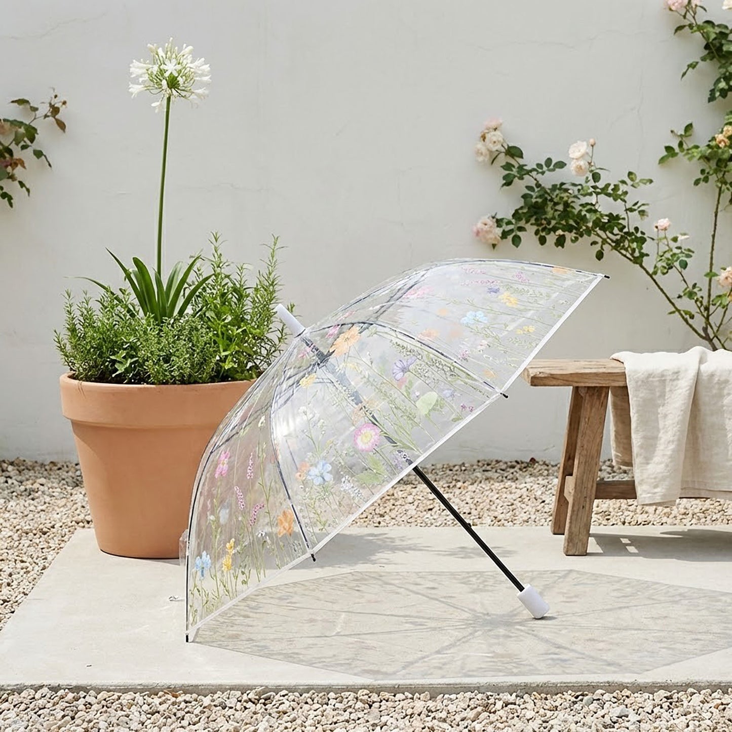 Clear Dome Umbrella with Floral Print Canopy Wind Resistant Frame and Curved Handle