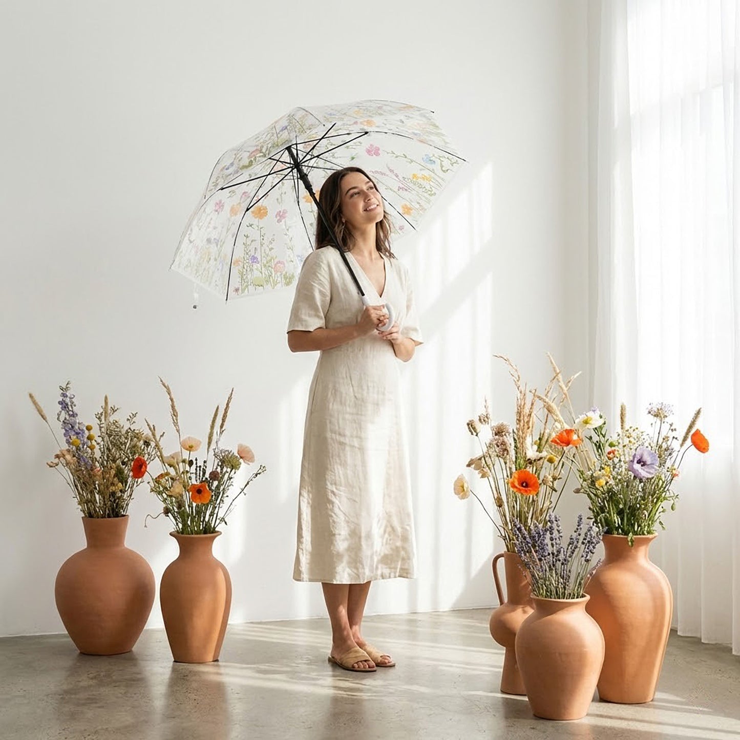 Clear Dome Umbrella with Floral Print Canopy Wind Resistant Frame and Curved Handle