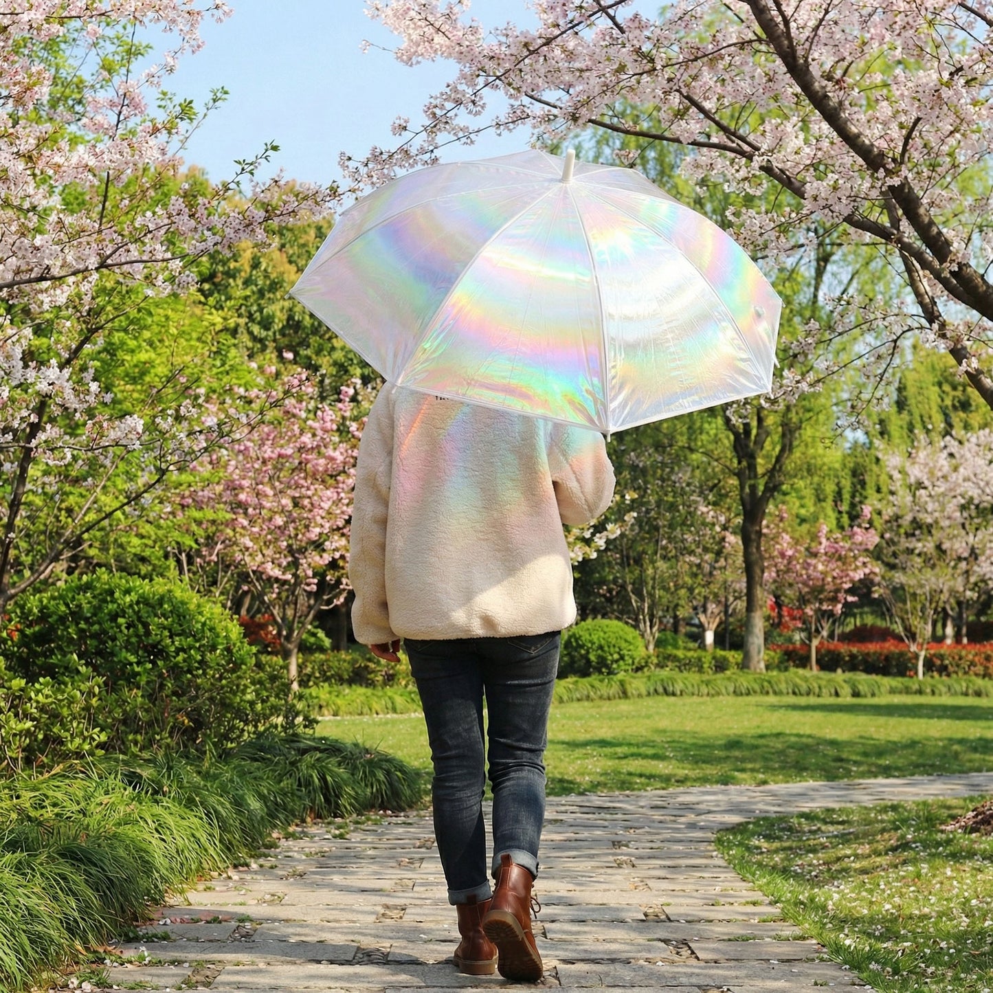 Iridescent Clear Dome Umbrella with Wind Resistant Frame and Curved Handle Design