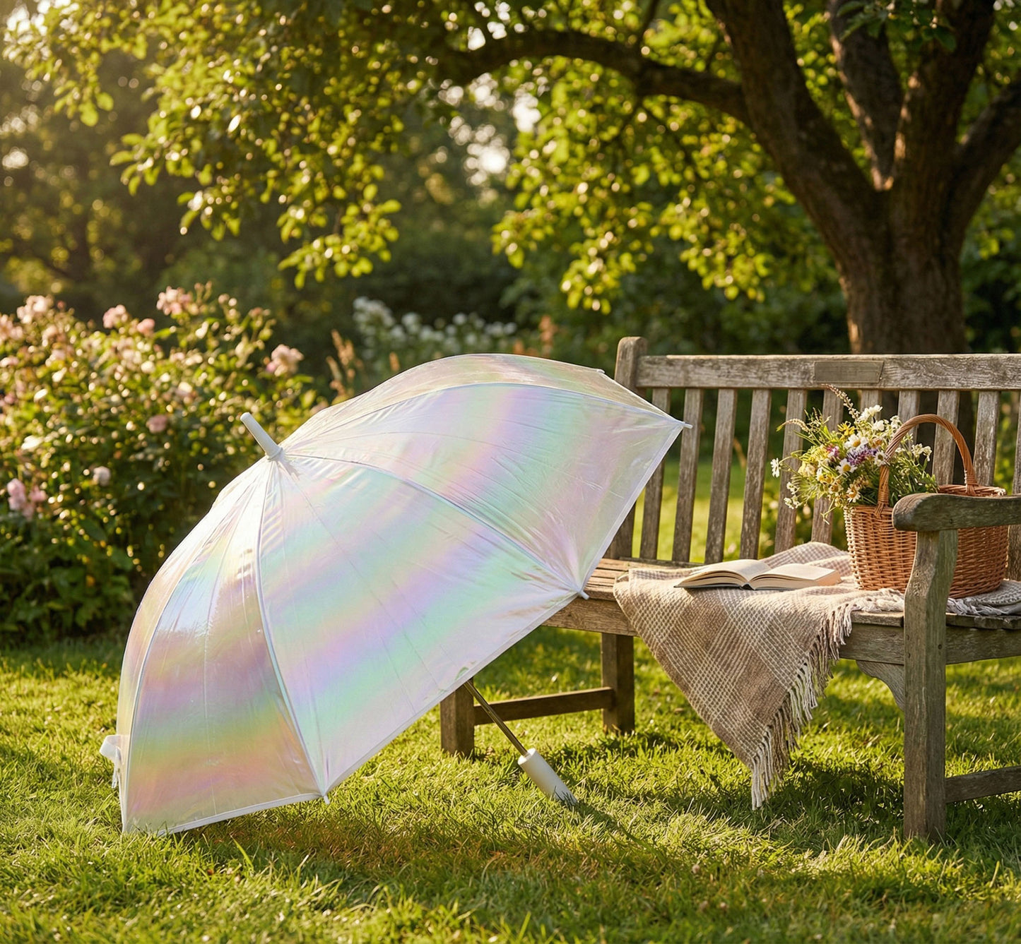 Iridescent Clear Dome Umbrella with Wind Resistant Frame and Curved Handle Design