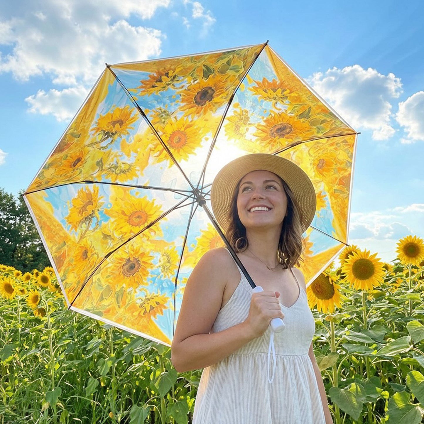 Sunflower Print Compact Folding Umbrella with Automatic Open Wind Resistant Frame