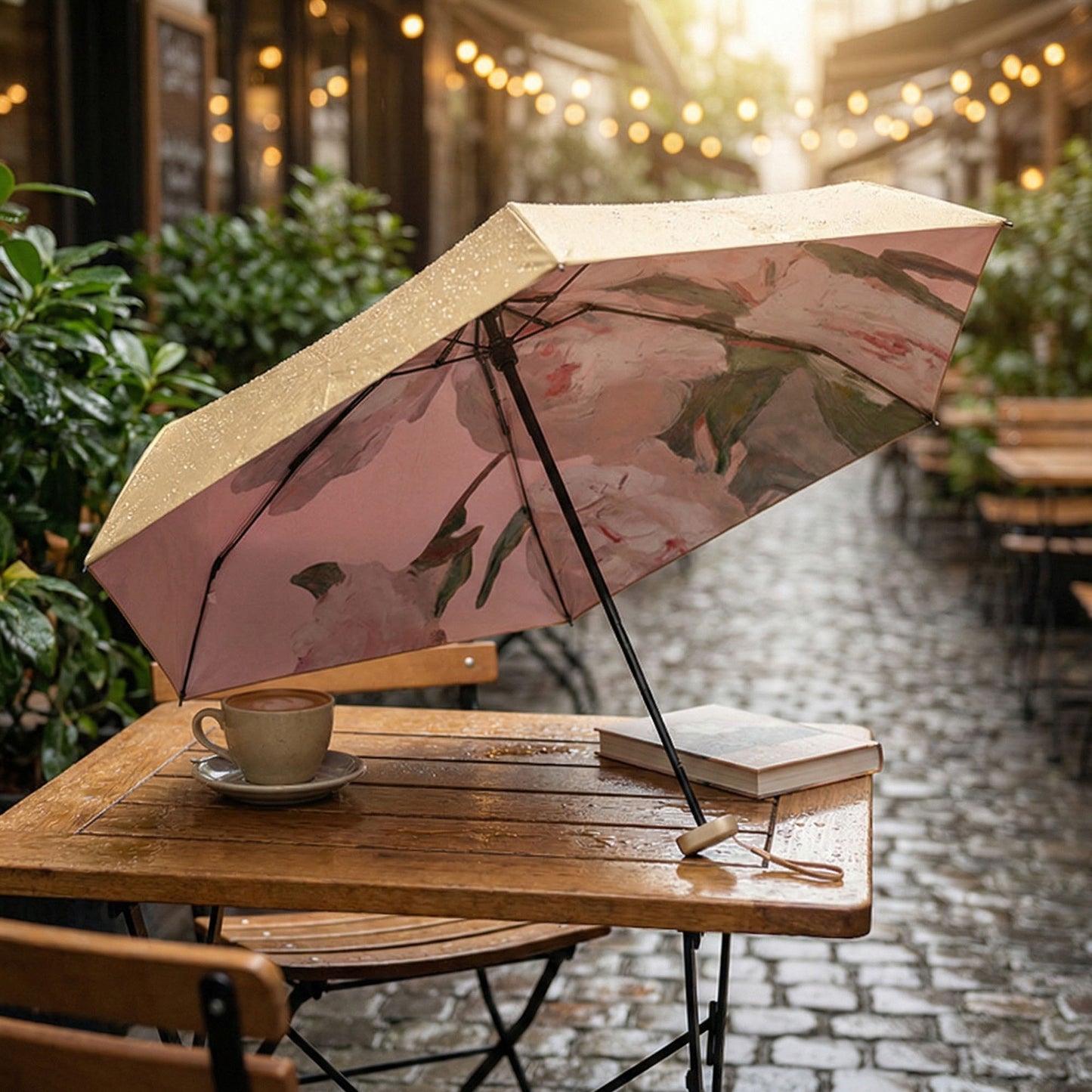 Floral Interior Compact Folding Umbrella with Automatic Open Wind Resistant Frame