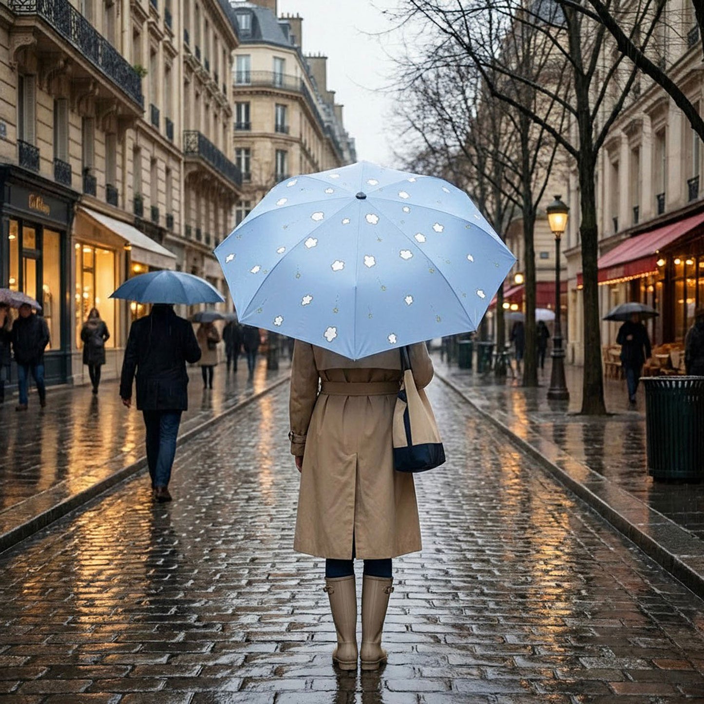 Cloud and Star Print Compact Folding Umbrella with Matching Sleeve and Automatic Open