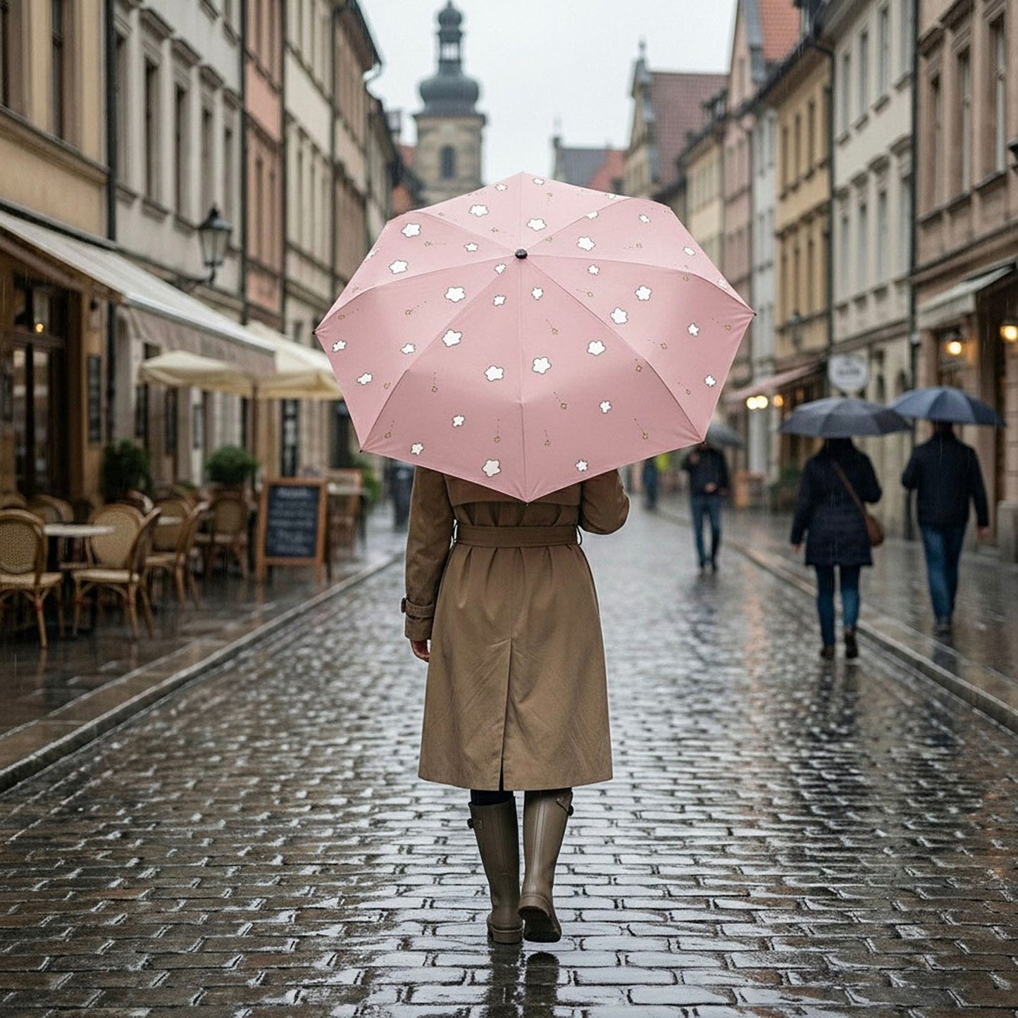 Cloud and Star Print Compact Folding Umbrella with Matching Sleeve and Automatic Open