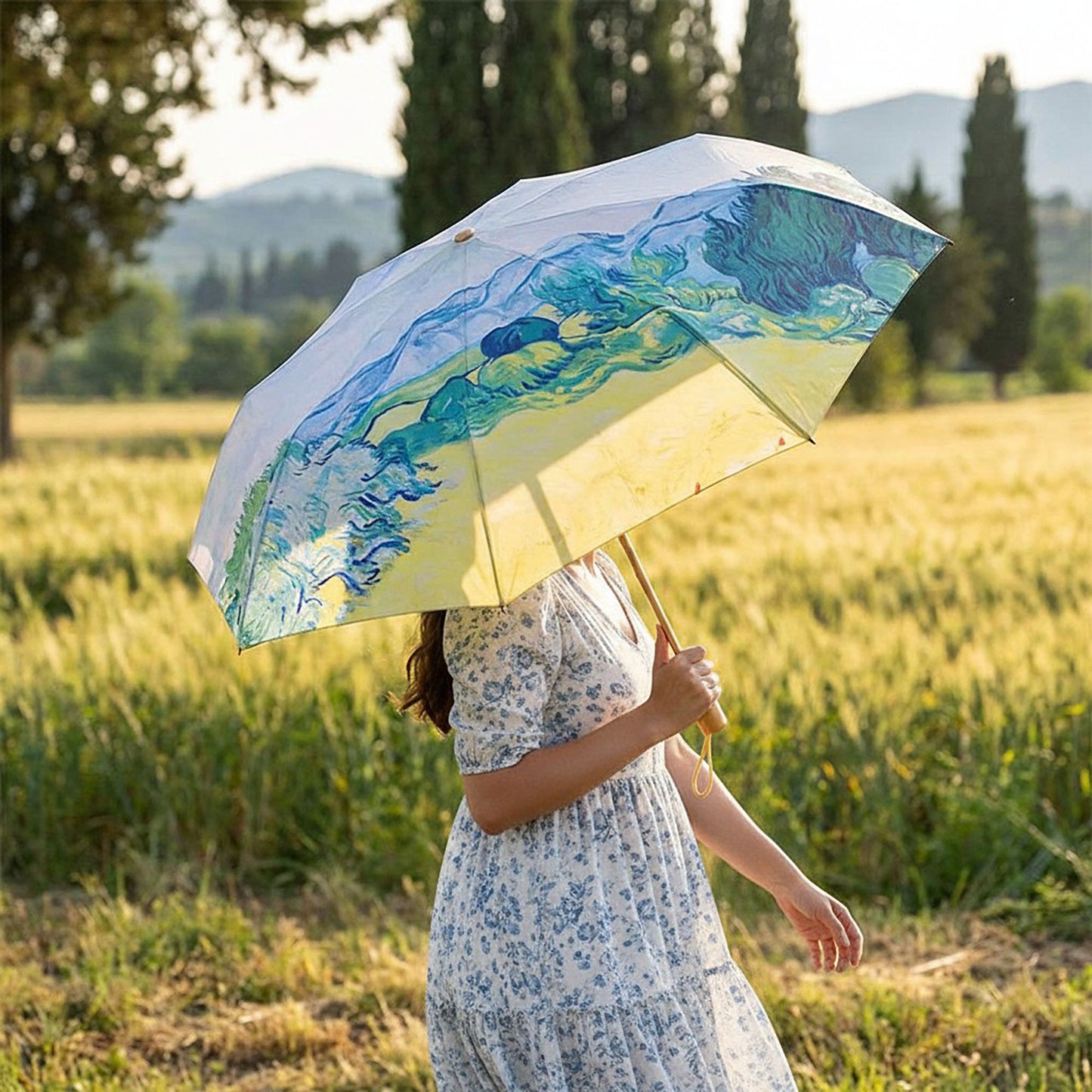 Floral Print Compact Folding Umbrella with Automatic Open and Wind Resistant Frame