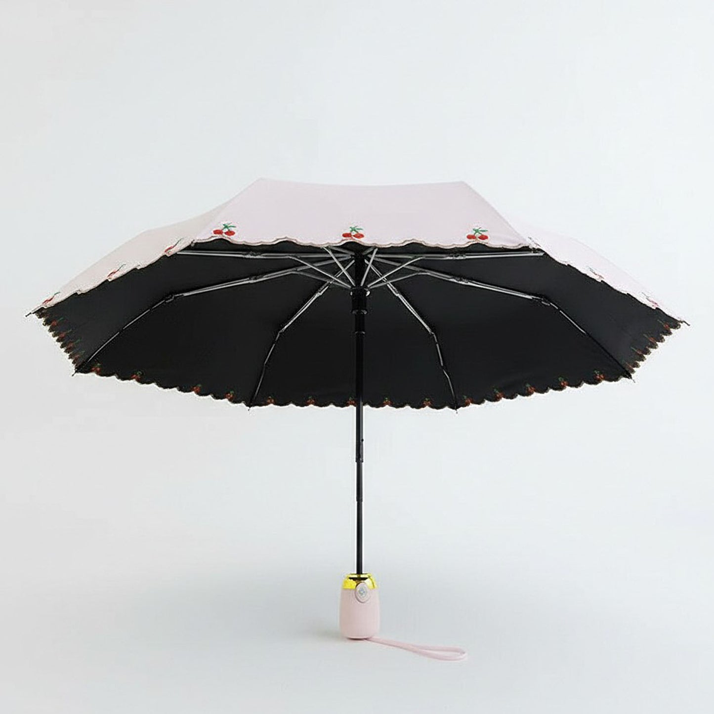 Scalloped Edge Compact Folding Umbrella with Embroidered Trim and Automatic Open
