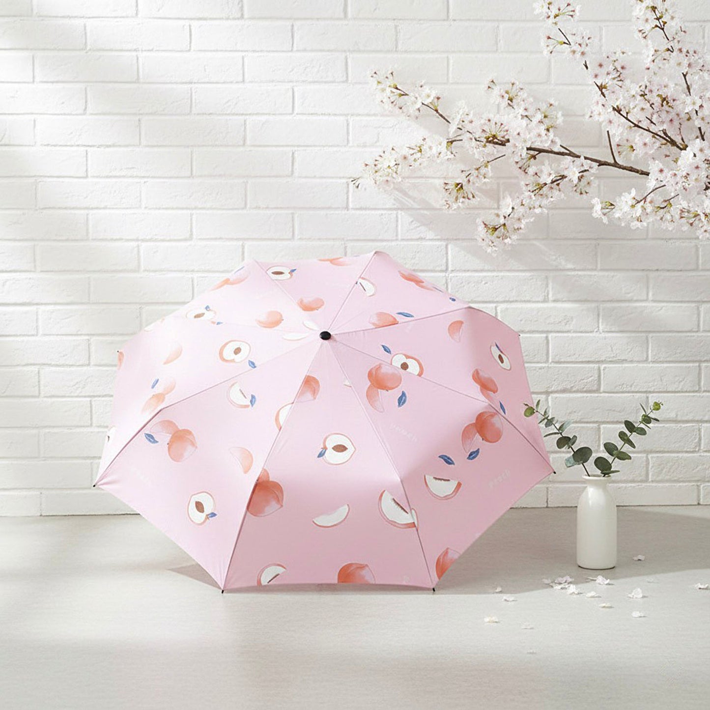 Peach Print Compact Folding Umbrella with Automatic Open and Wind Resistant Frame