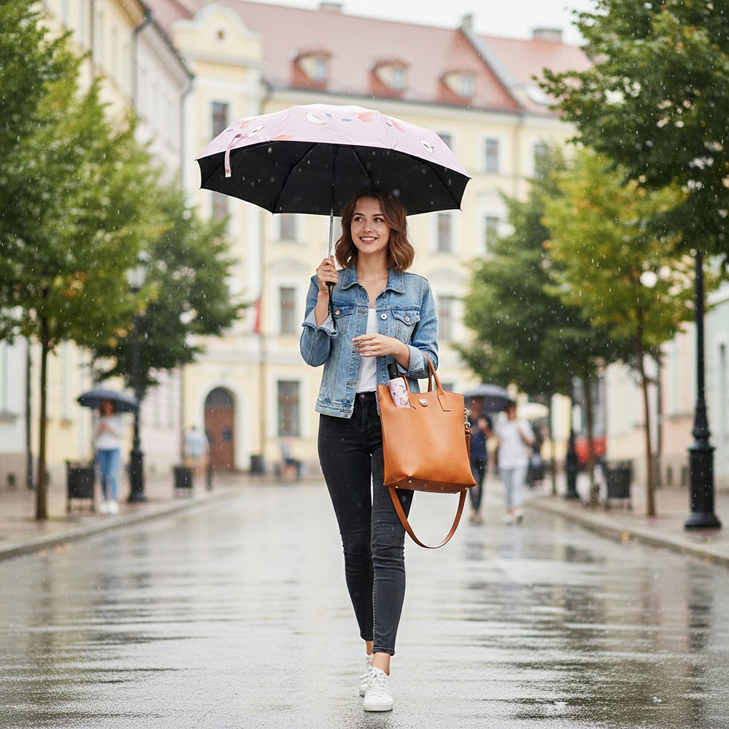 Peach Print Compact Folding Umbrella with Automatic Open and Wind Resistant Frame