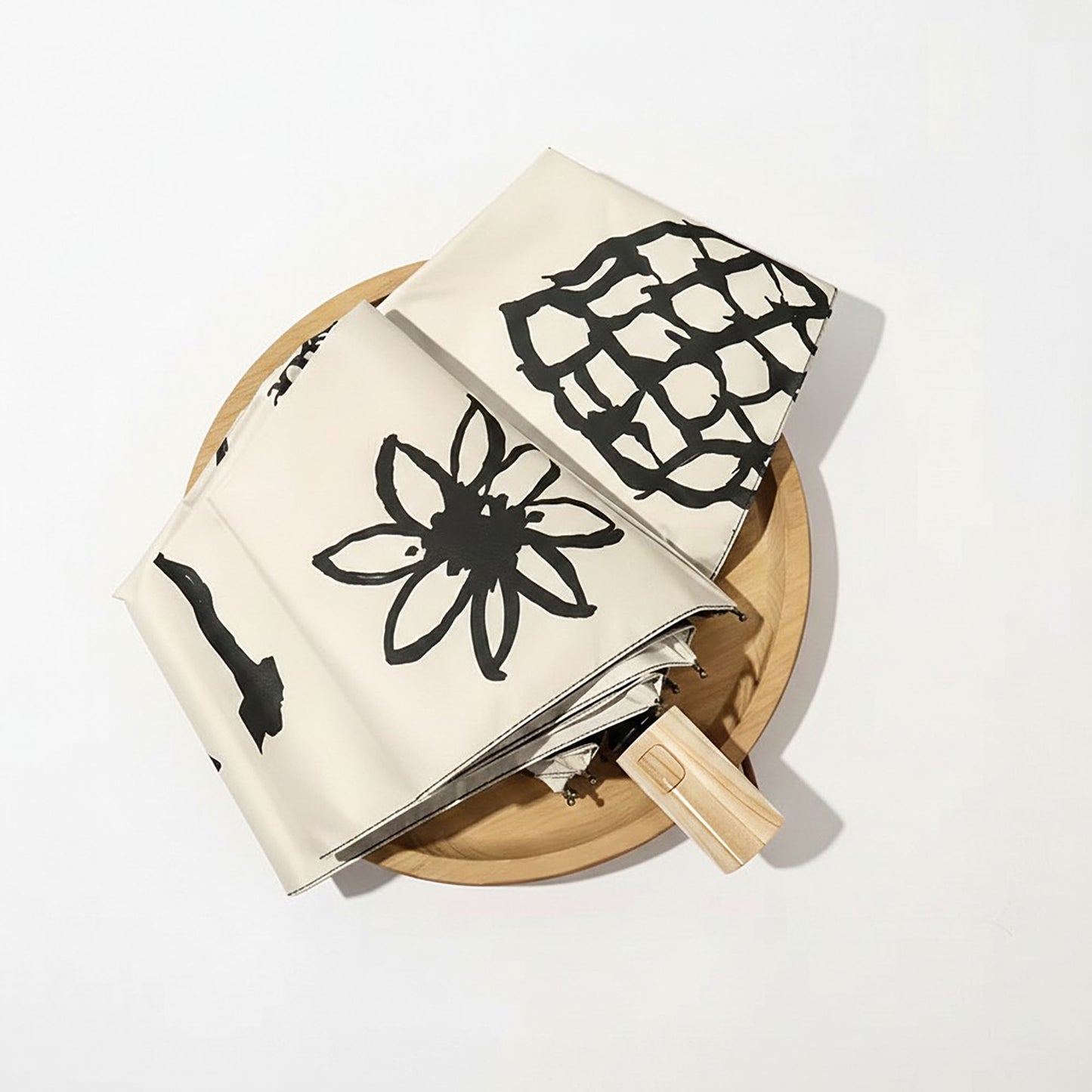 Modern Graphic Print Compact Folding Umbrella with Automatic Open and Wood Handle