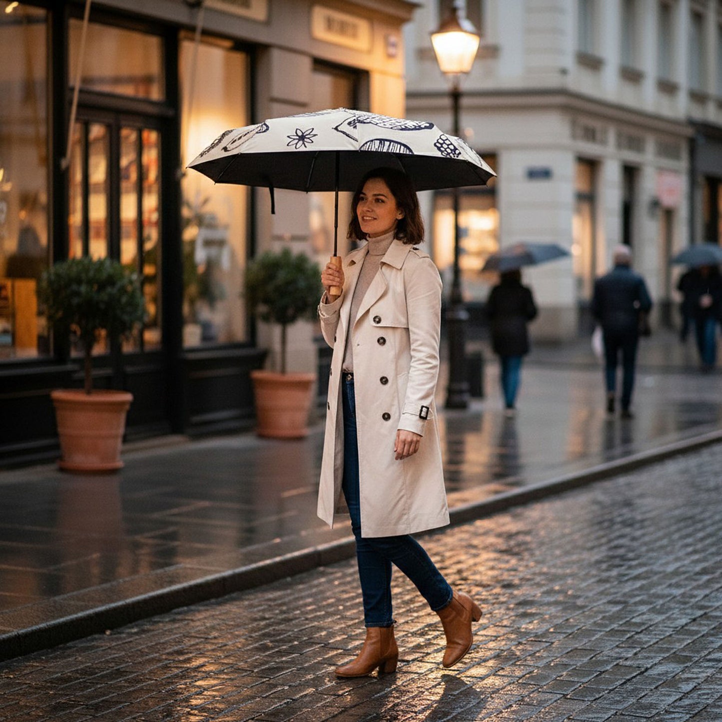 Modern Graphic Print Compact Folding Umbrella with Automatic Open and Wood Handle