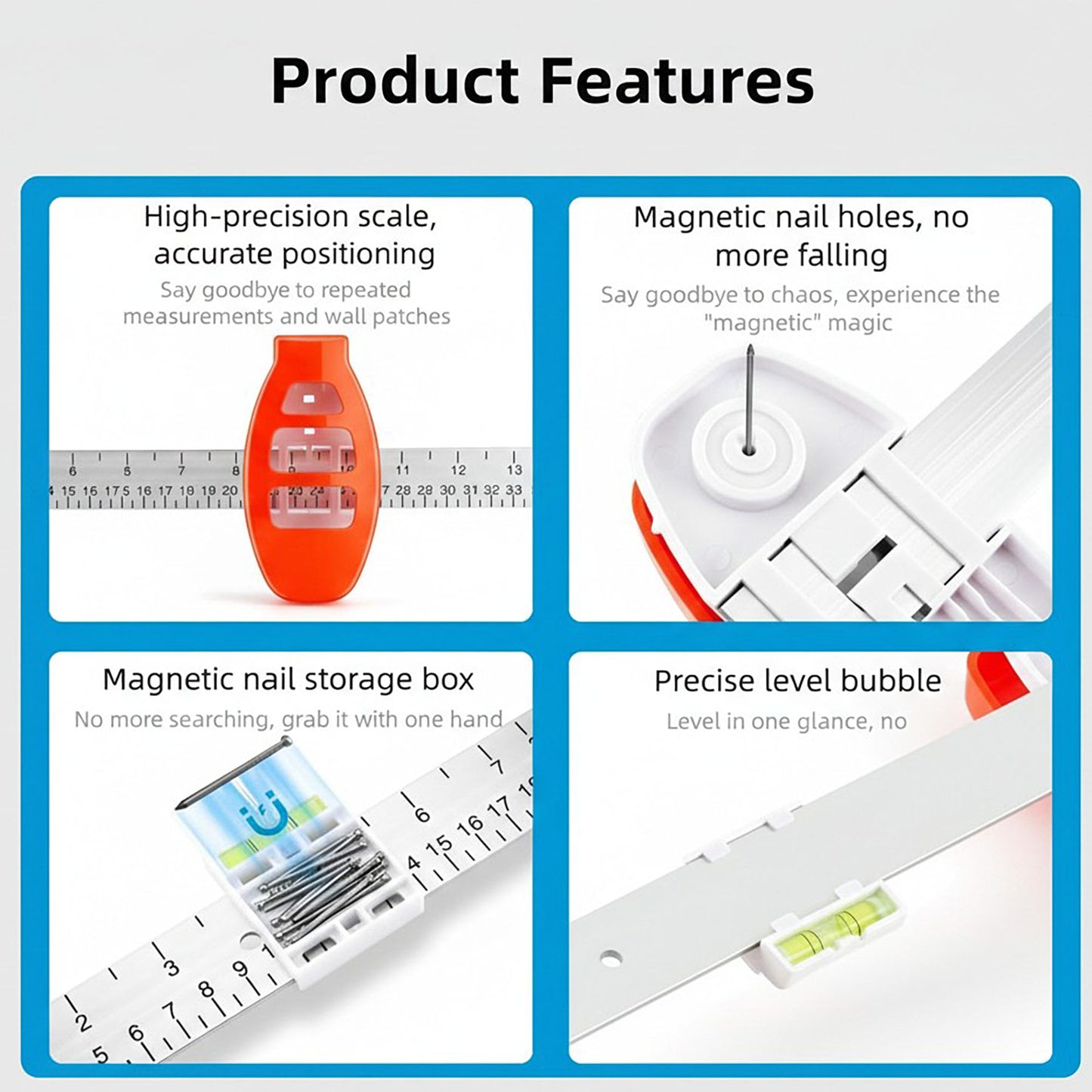 Wall Mount Measuring and Leveling Tool with Dual Position Markers and Built In Bubble Level